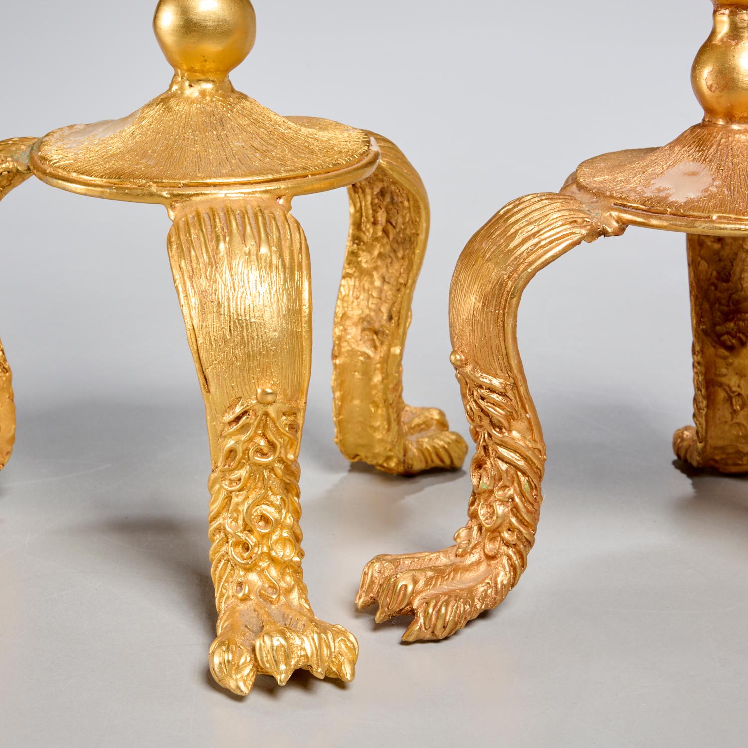 Rare Pair of Gilt Metal Paw Foot Tripod Candlesticks by Lazaro Diaz, Signed 1992 In Good Condition For Sale In Morristown, NJ