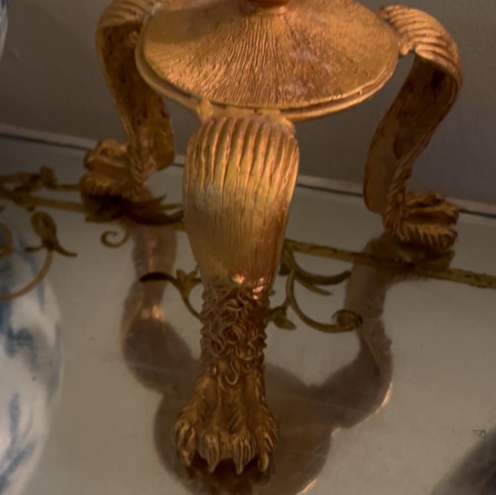 Late 20th Century Rare Pair of Gilt Metal Paw Foot Tripod Candlesticks by Lazaro Diaz, Signed 1992 For Sale