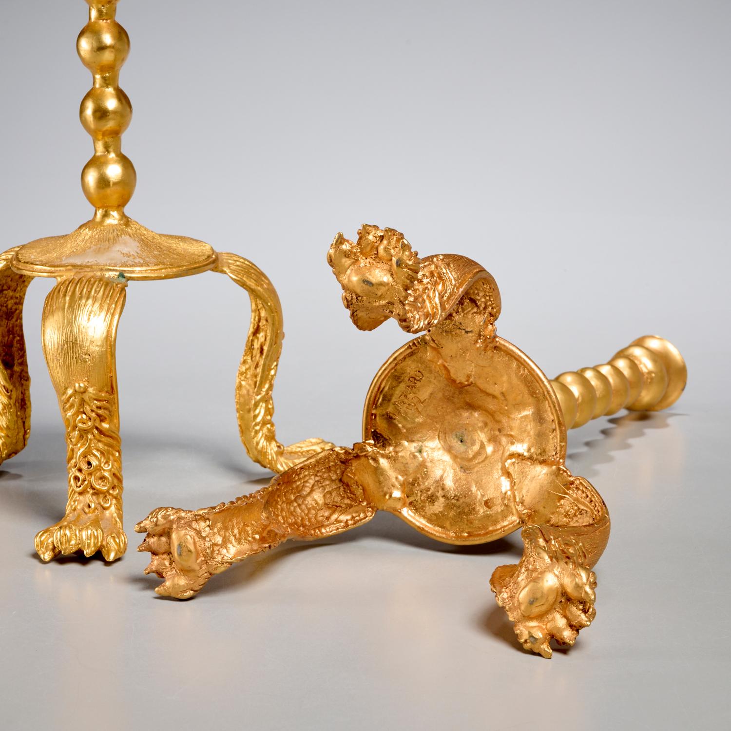 Rare Pair of Gilt Metal Paw Foot Tripod Candlesticks by Lazaro Diaz, Signed 1992 For Sale 1
