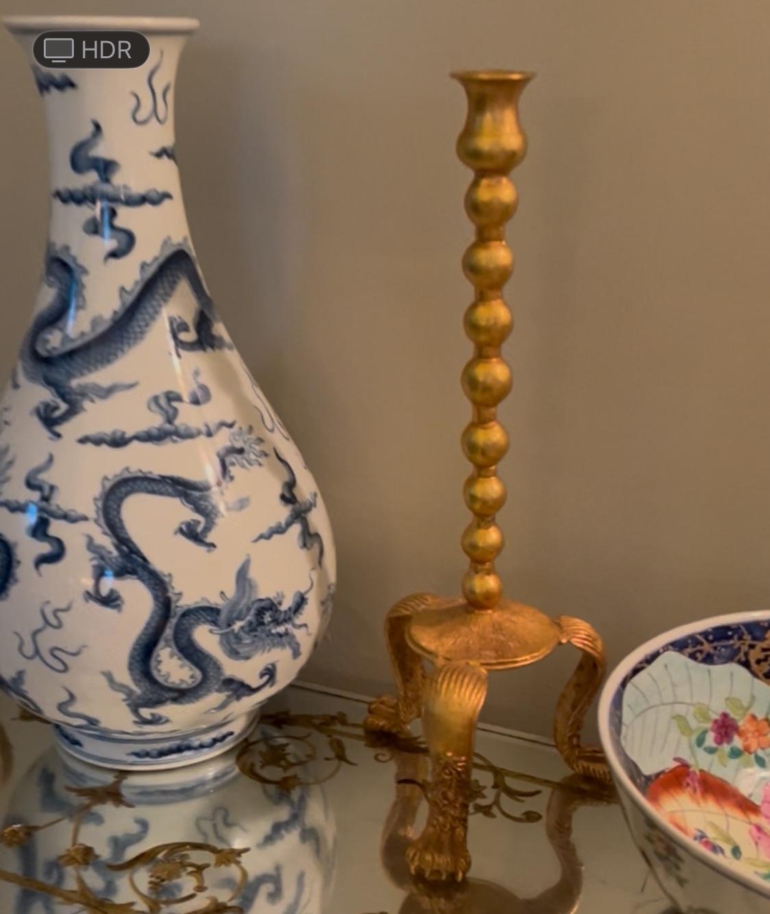 Rare Pair of Gilt Metal Paw Foot Tripod Candlesticks by Lazaro Diaz, Signed 1992 For Sale 2