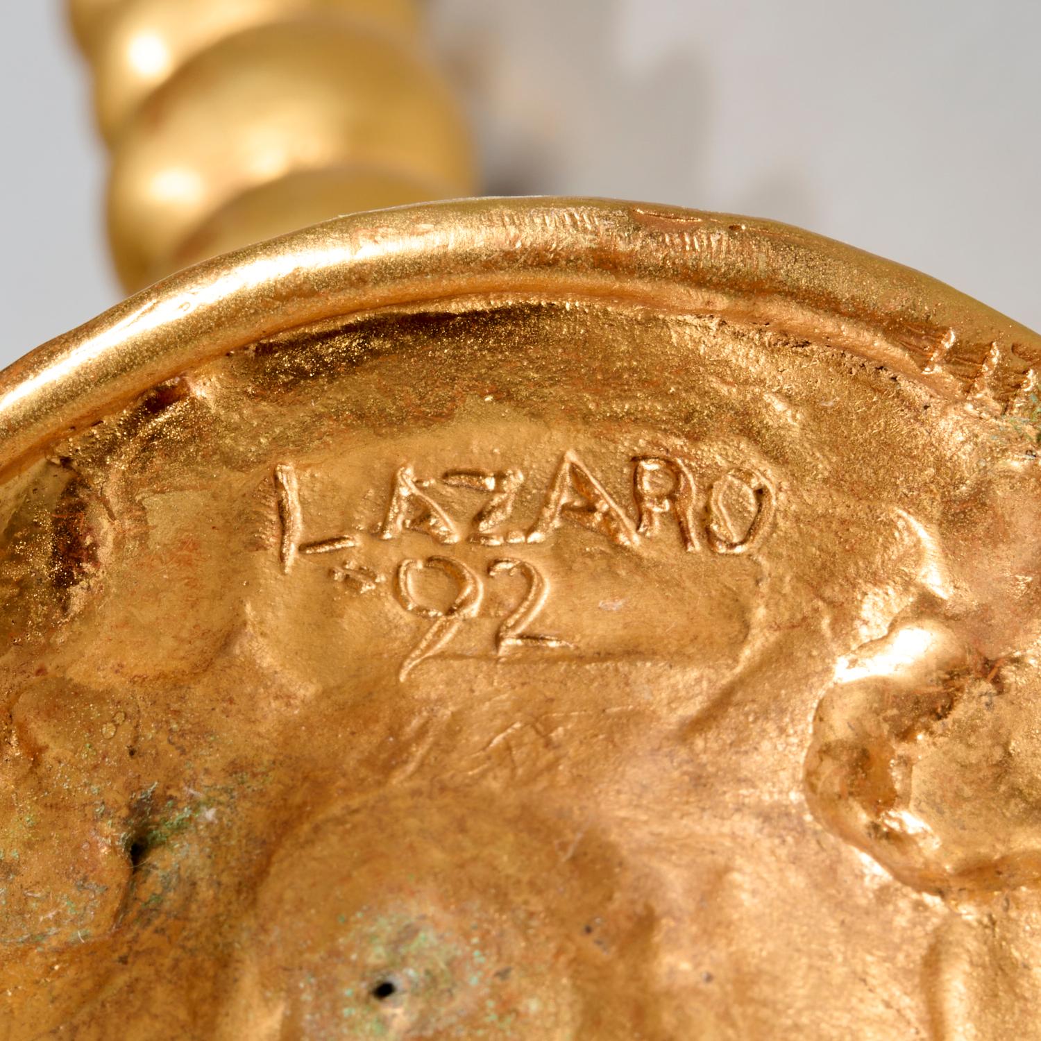 Rare Pair of Gilt Metal Paw Foot Tripod Candlesticks by Lazaro Diaz, Signed 1992 For Sale 3