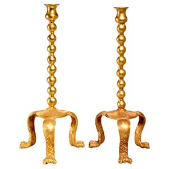 Rare Pair of Gilt Metal Paw Foot Tripod Candlesticks by Lazaro Diaz, Signed 1992