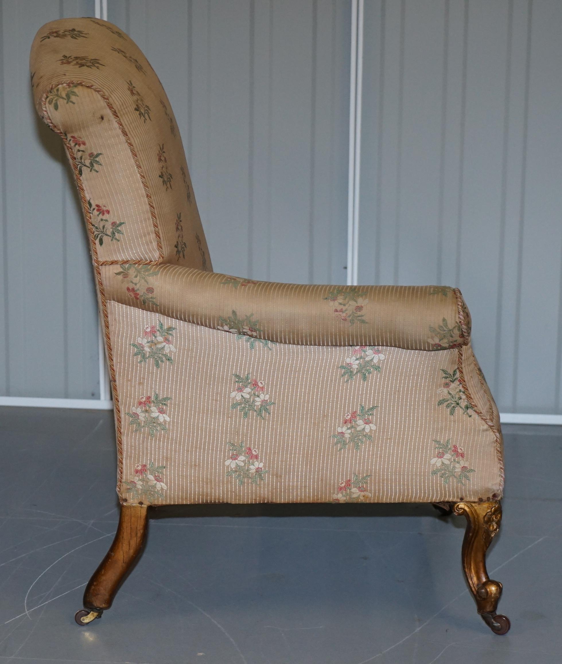 Rare Pair of Giltwood Victorian Asymmetrical Armchairs Embroidered Bird Covers For Sale 4