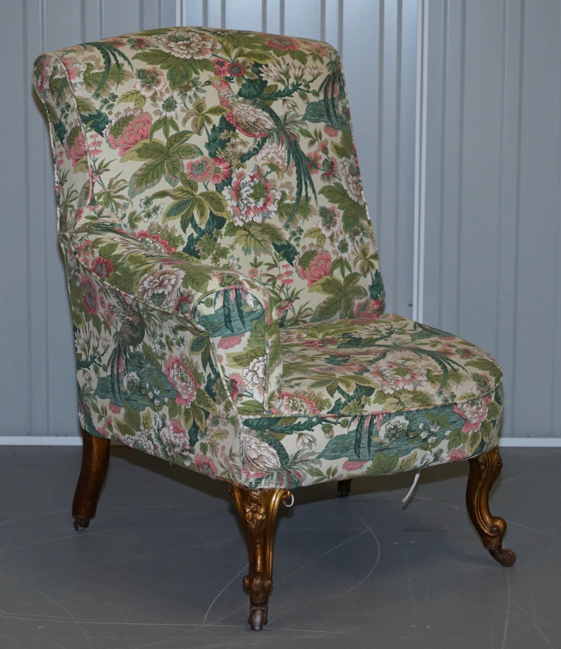 Rare Pair of Giltwood Victorian Asymmetrical Armchairs Embroidered Bird Covers For Sale 7