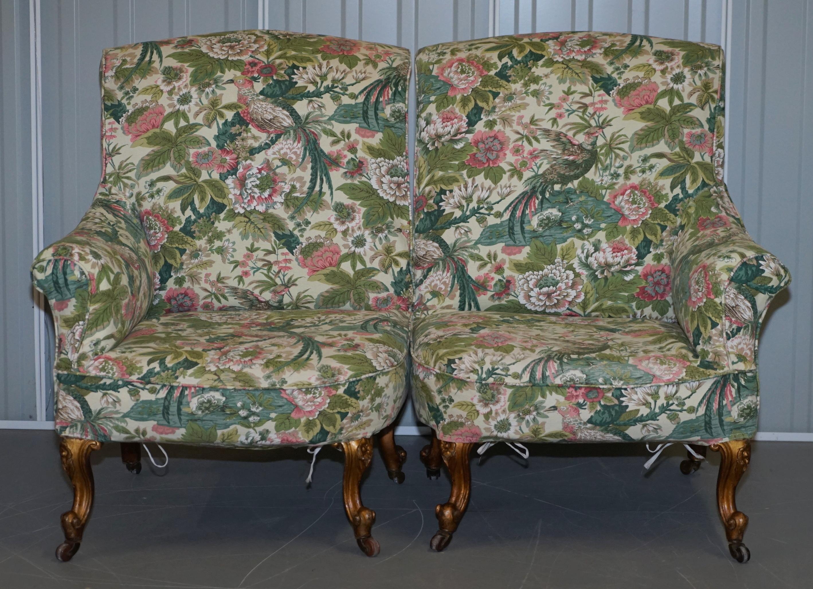 Rare Pair of Giltwood Victorian Asymmetrical Armchairs Embroidered Bird Covers For Sale 7