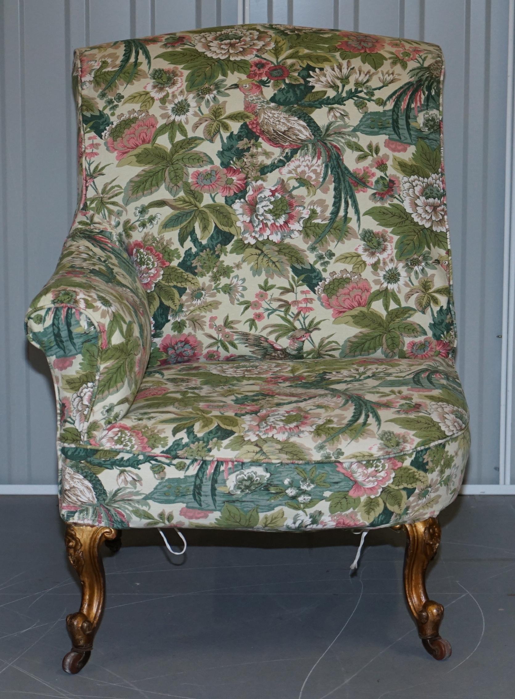 Rare Pair of Giltwood Victorian Asymmetrical Armchairs Embroidered Bird Covers For Sale 9