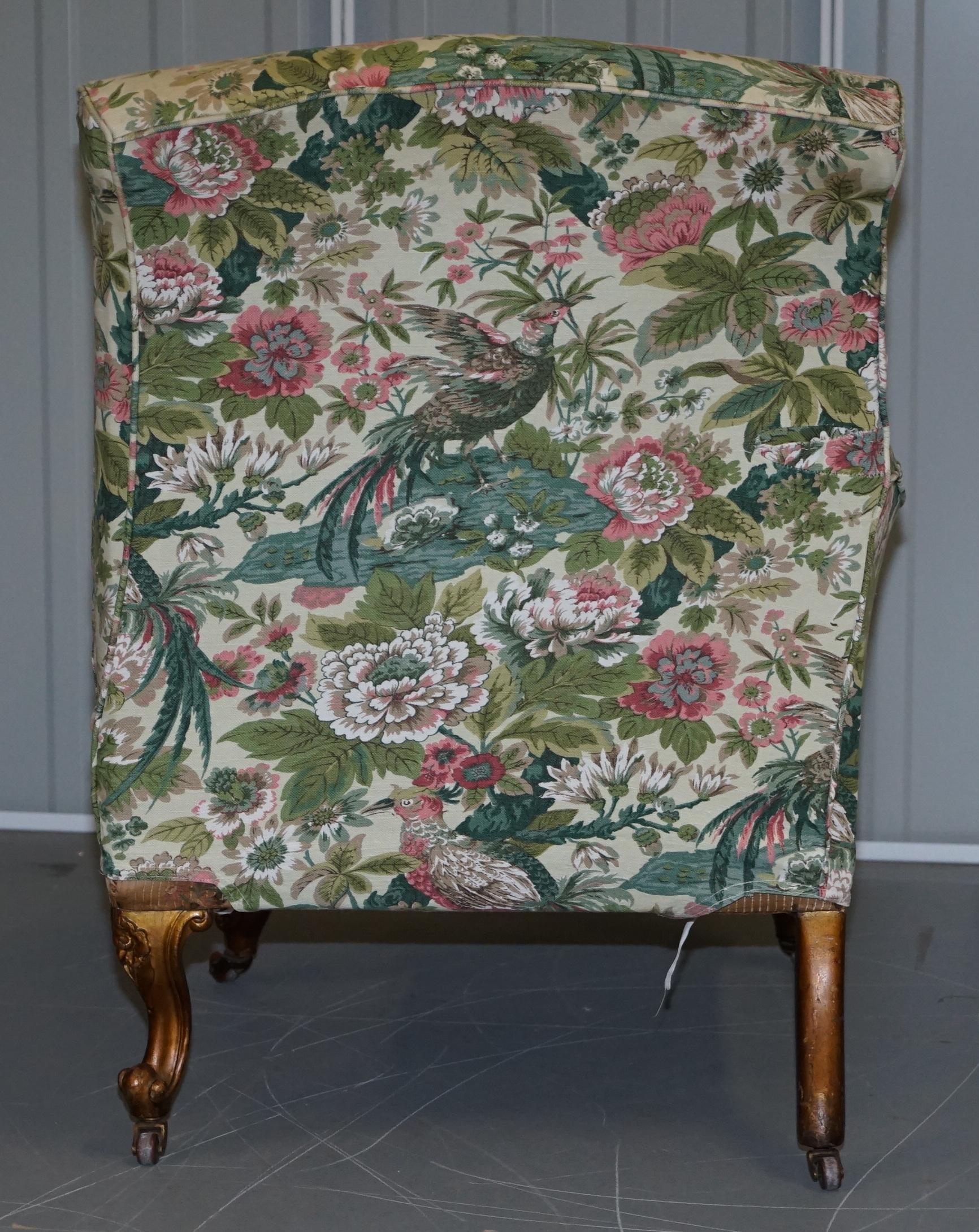 Rare Pair of Giltwood Victorian Asymmetrical Armchairs Embroidered Bird Covers For Sale 13