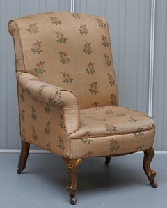 Rare Pair of Giltwood Victorian Asymmetrical Armchairs Embroidered Bird Covers
