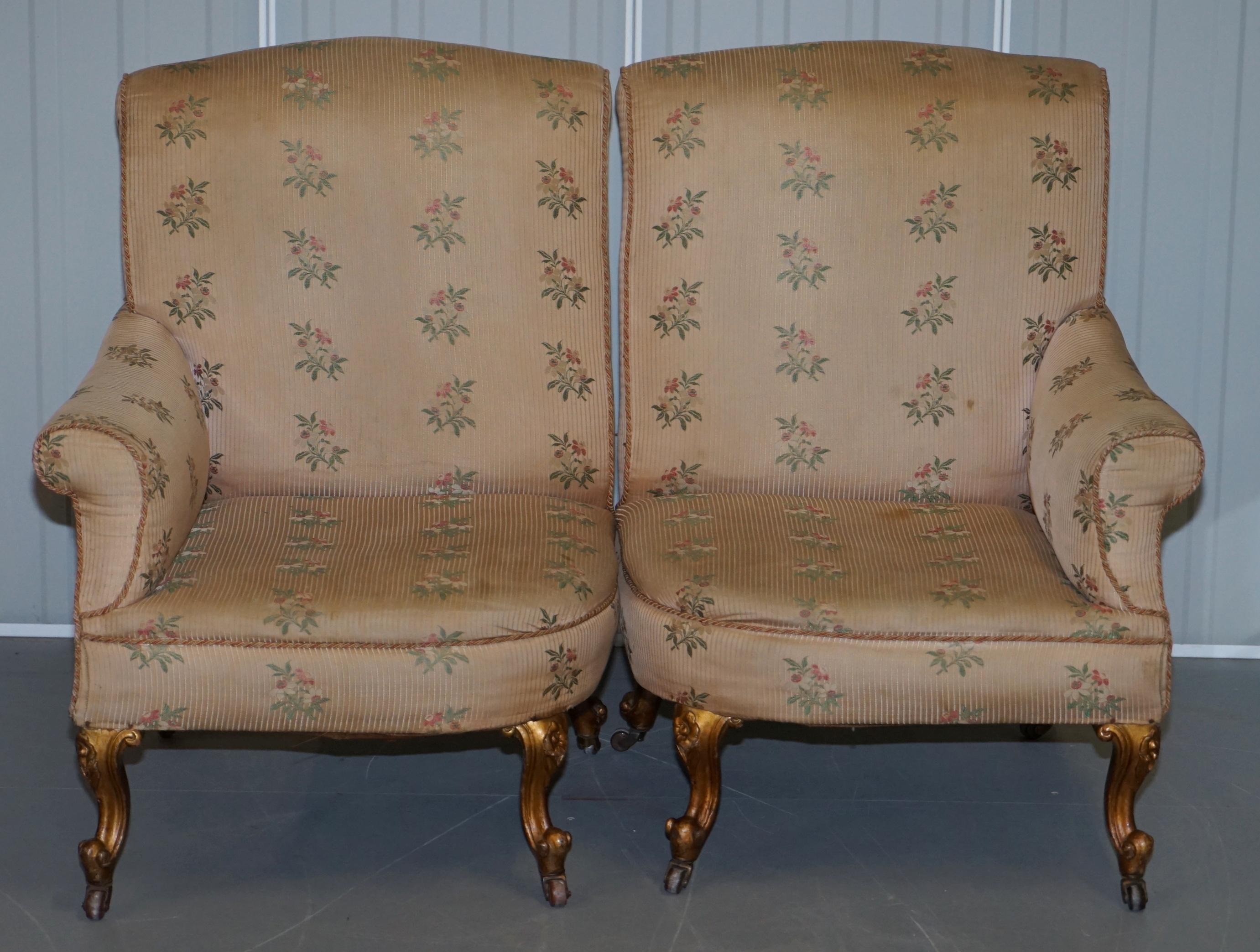 English Rare Pair of Giltwood Victorian Asymmetrical Armchairs Embroidered Bird Covers For Sale