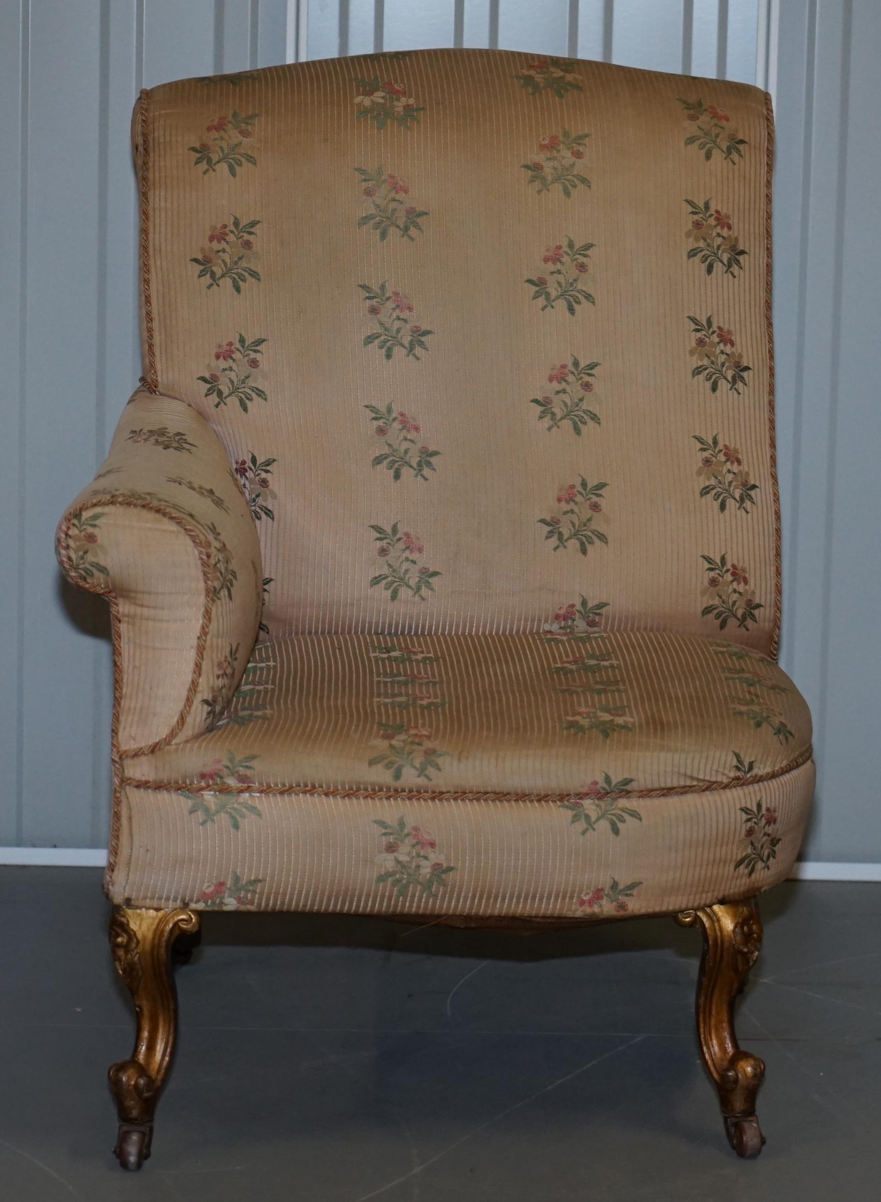 Hand-Crafted Rare Pair of Giltwood Victorian Asymmetrical Armchairs Embroidered Bird Covers For Sale
