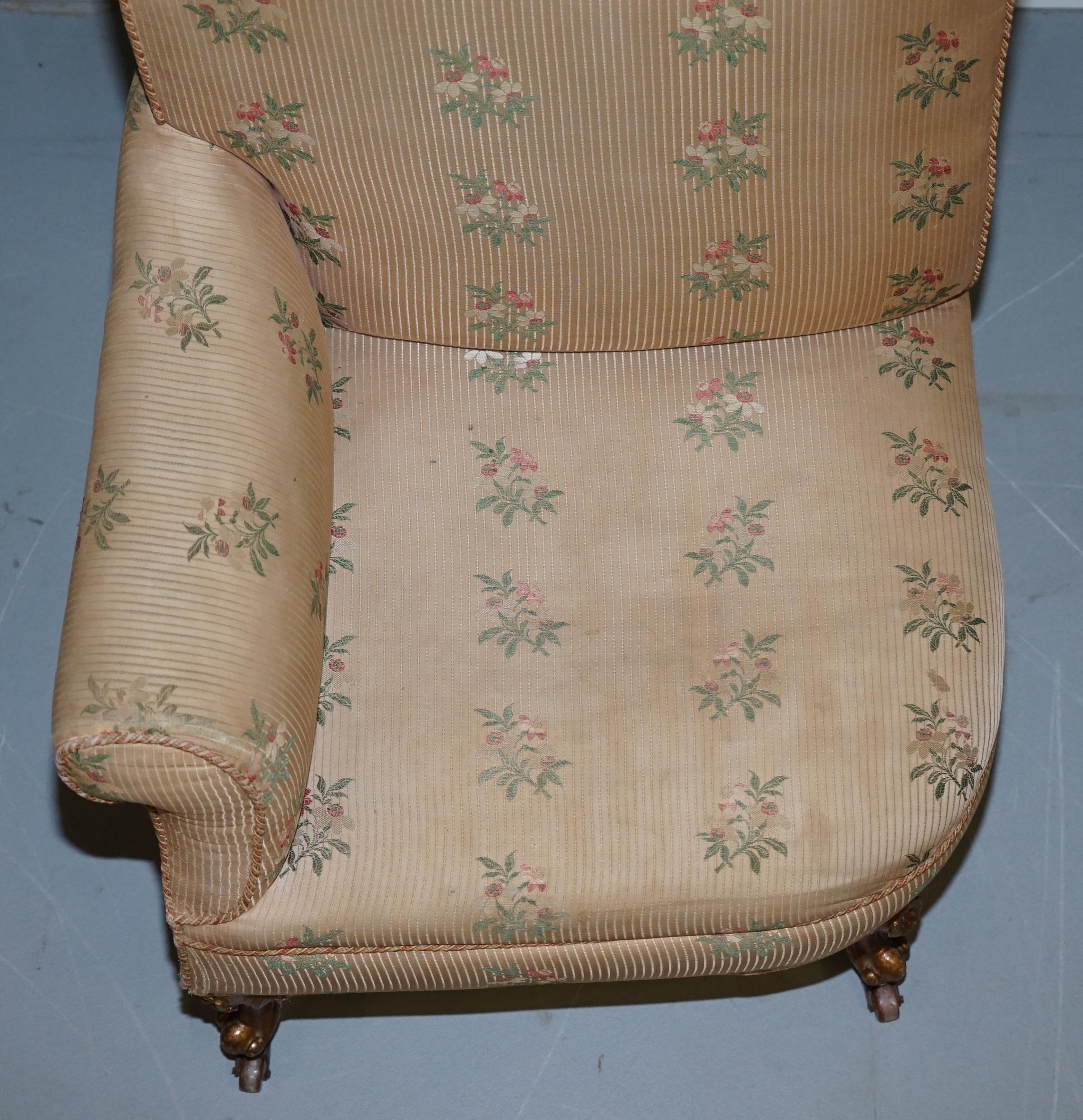 Upholstery Rare Pair of Giltwood Victorian Asymmetrical Armchairs Embroidered Bird Covers For Sale