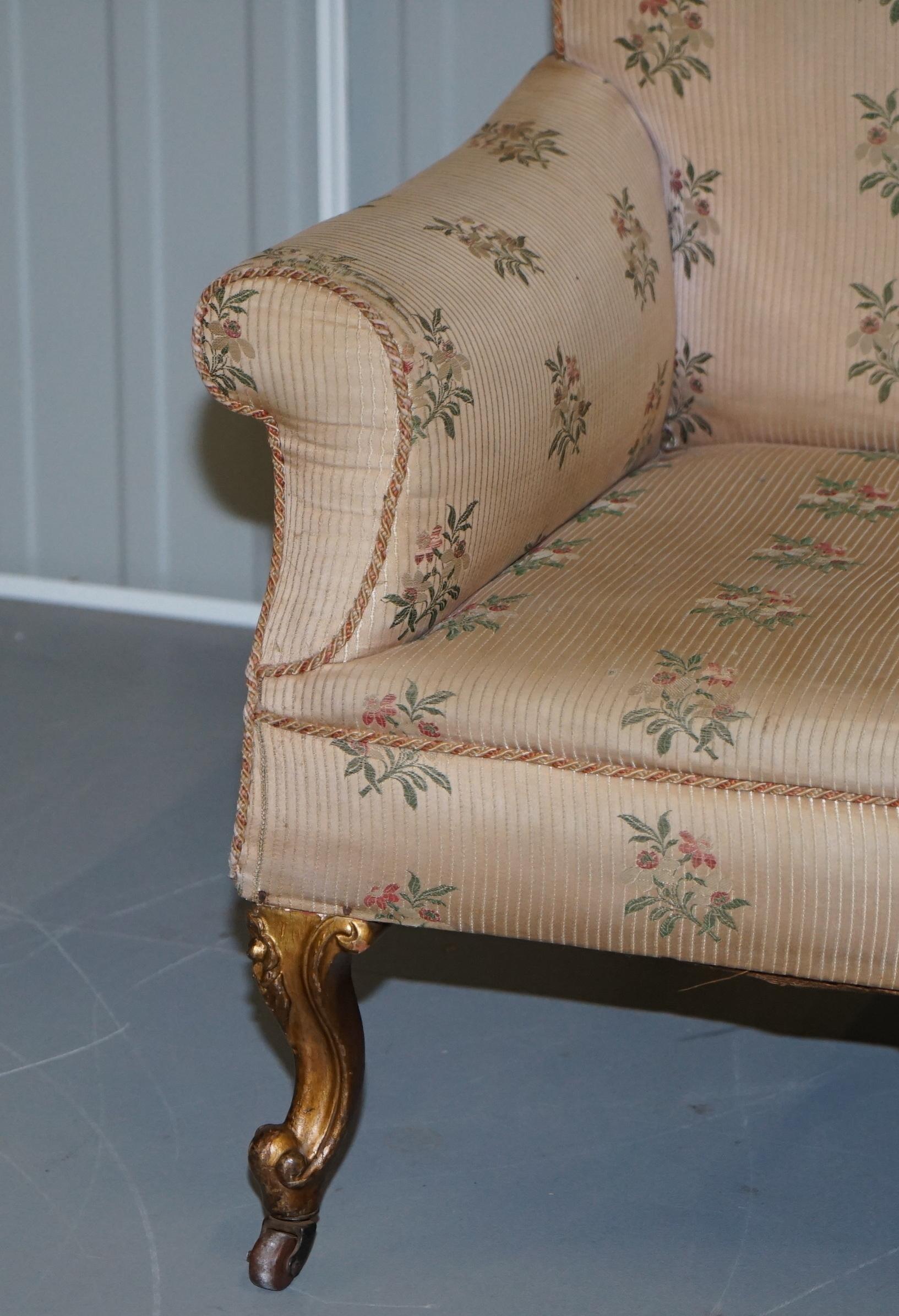 Rare Pair of Giltwood Victorian Asymmetrical Armchairs Embroidered Bird Covers For Sale 1