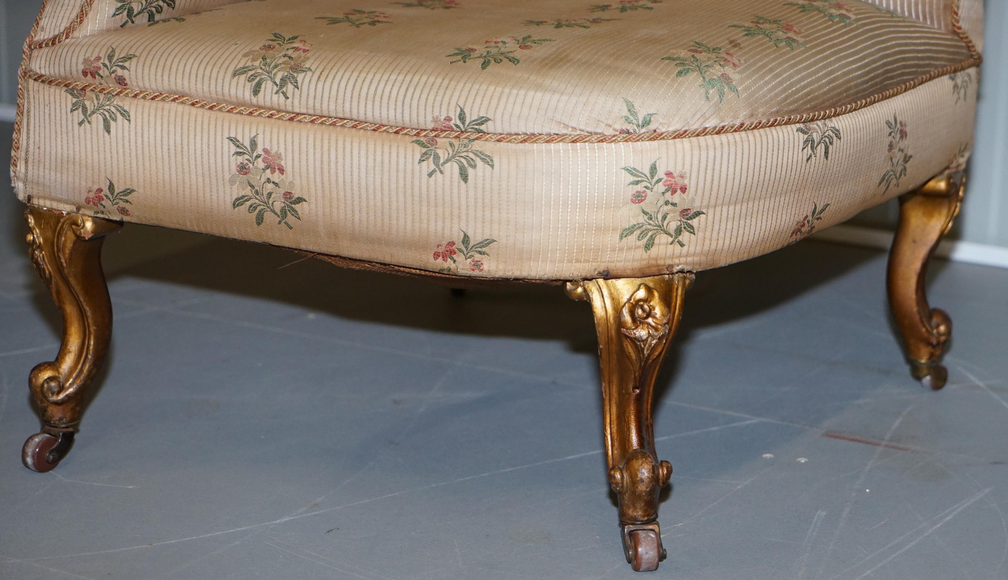 Rare Pair of Giltwood Victorian Asymmetrical Armchairs Embroidered Bird Covers For Sale 2