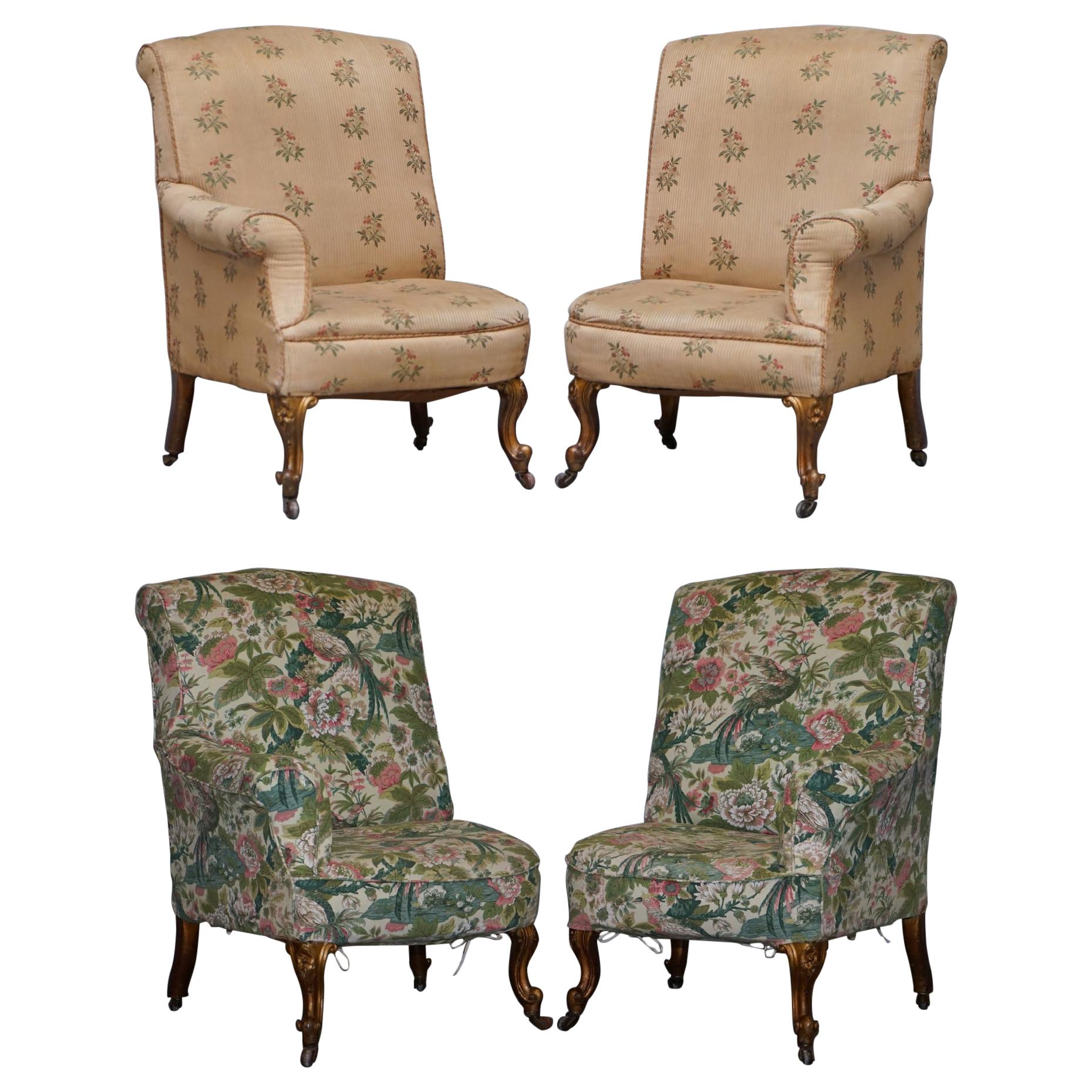 Rare Pair of Giltwood Victorian Asymmetrical Armchairs Embroidered Bird Covers For Sale