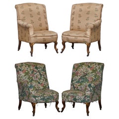 Antique Rare Pair of Giltwood Victorian Asymmetrical Armchairs Embroidered Bird Covers