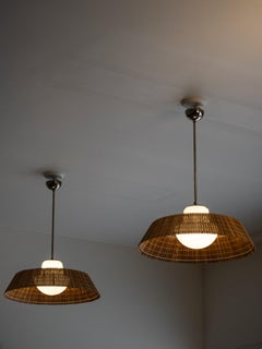 Rare Pair of Glass and Wood Slat Pendants by Gunilla Jung for Orno Oy, Finland