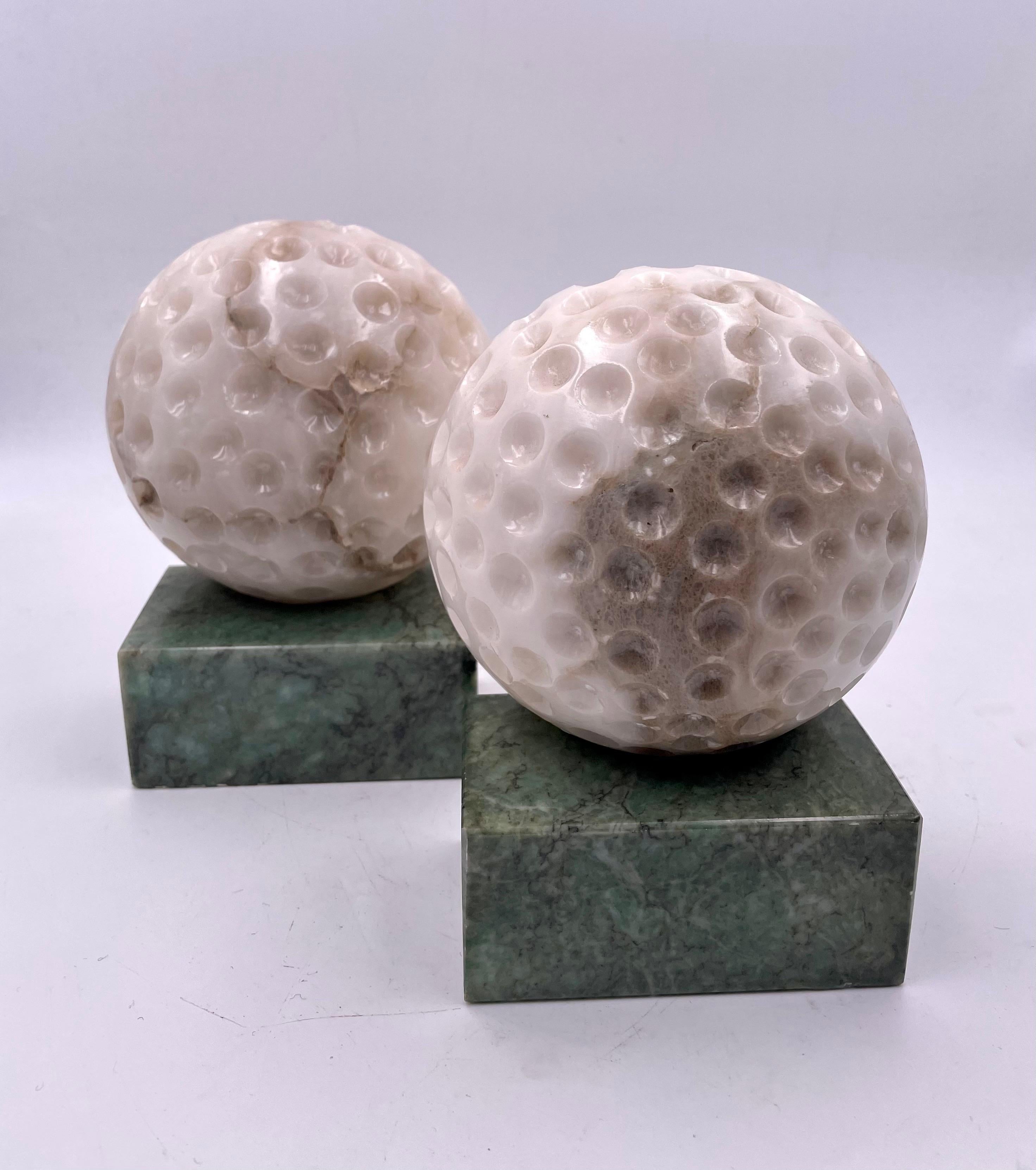 Rare Pair of Golf Ball Bookends Made in Italy in Alabaster In Good Condition In San Diego, CA