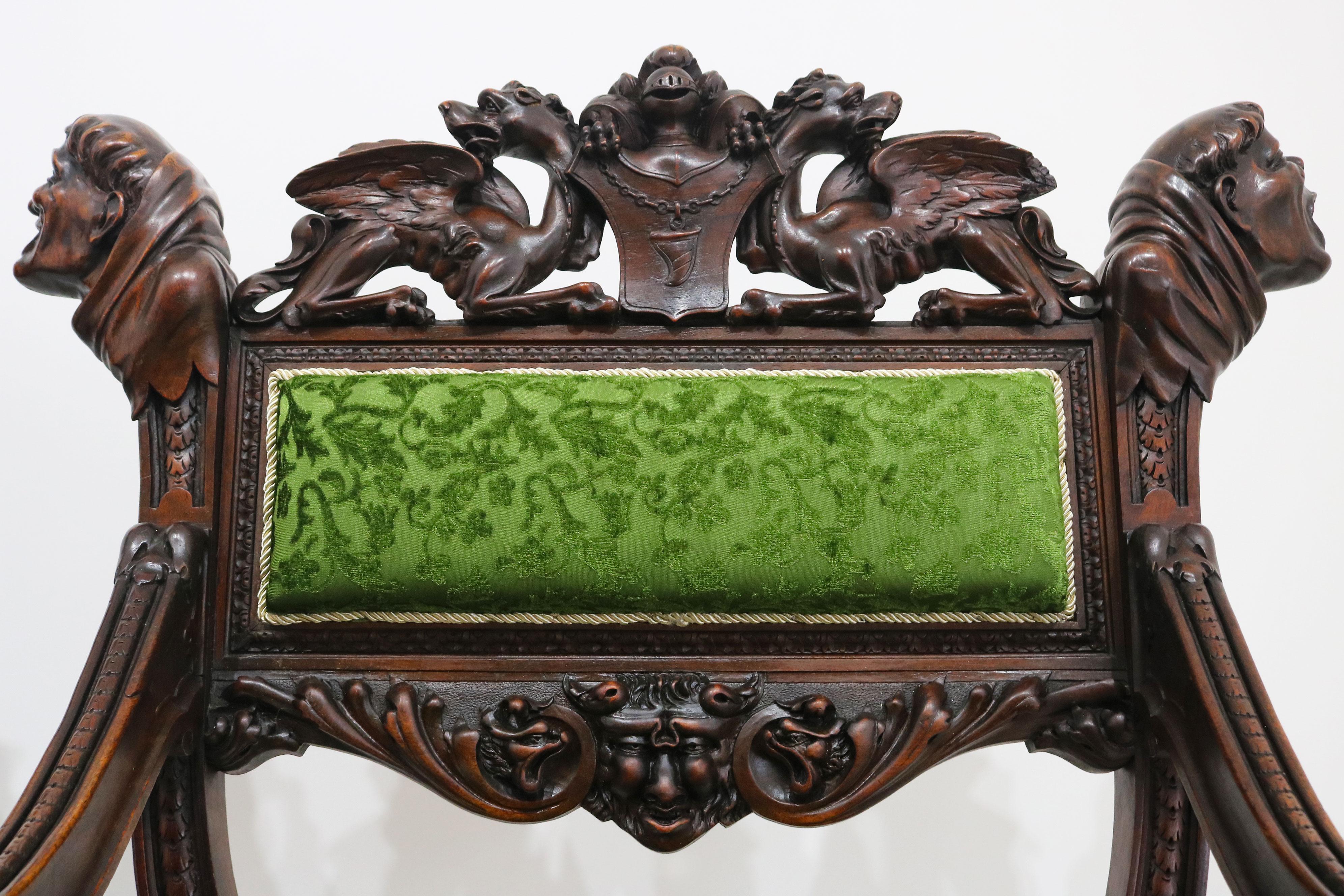 Rare pair of Gothic Revival arm chairs by Victor Aimone 19th Century Monks Lions en vente 2