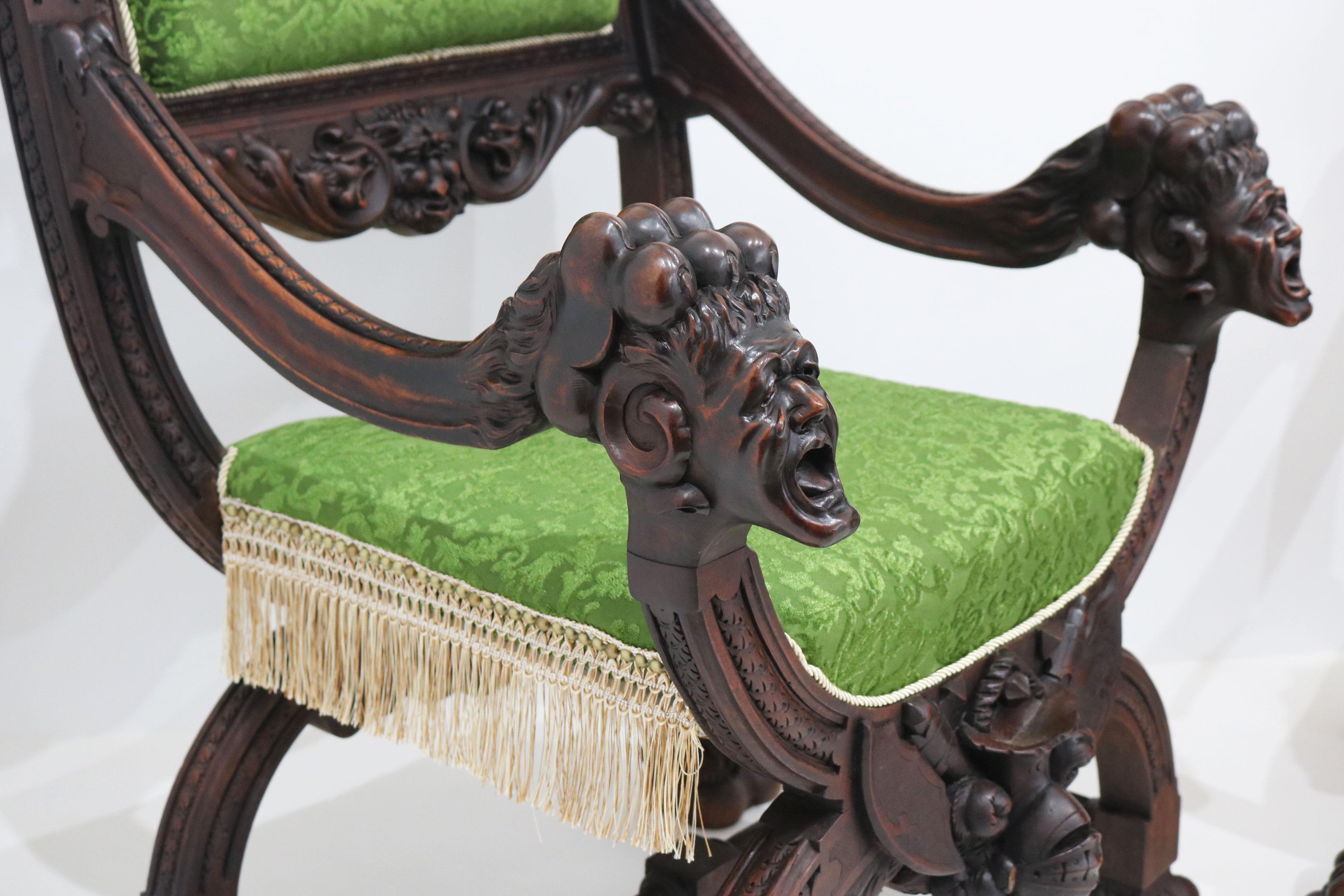 Rare pair of Gothic Revival arm chairs by Victor Aimone 19th Century Monks Lions en vente 3