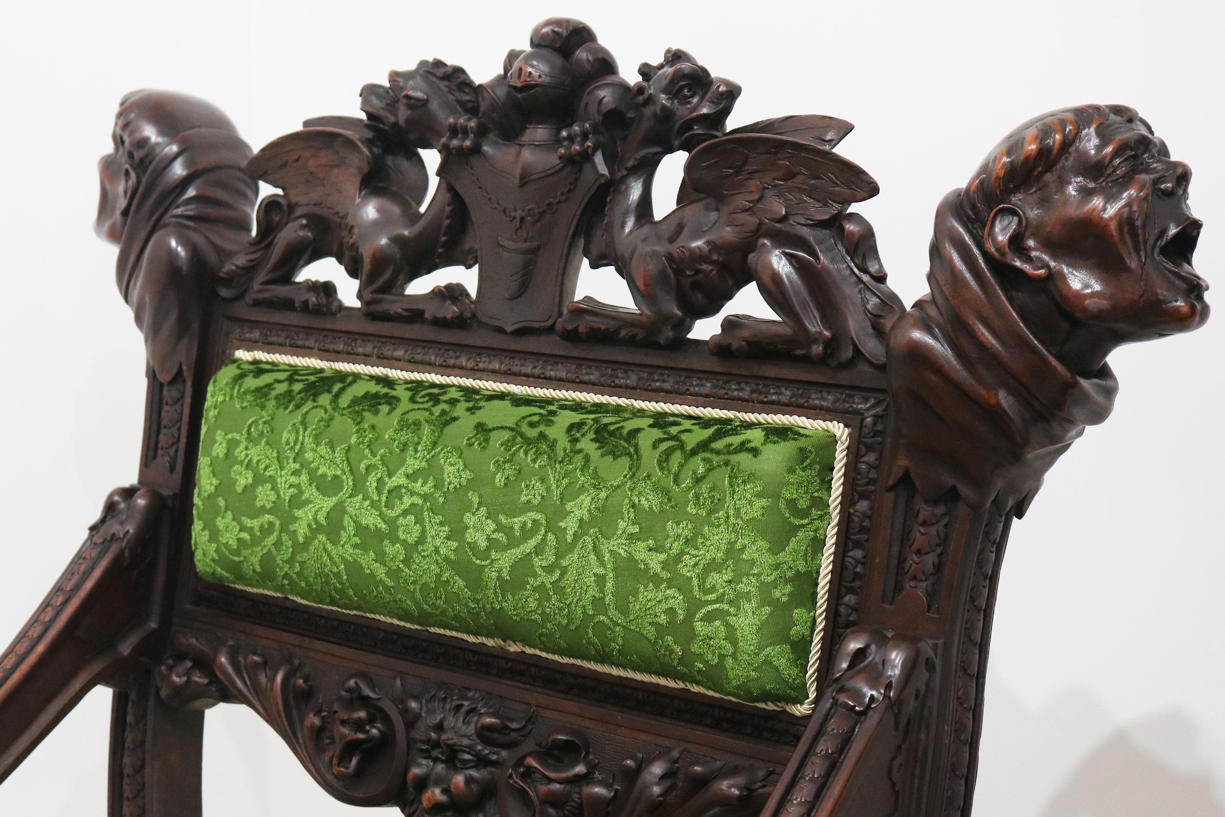 Rare pair of Gothic Revival arm chairs by Victor Aimone 19th Century Monks Lions en vente 6