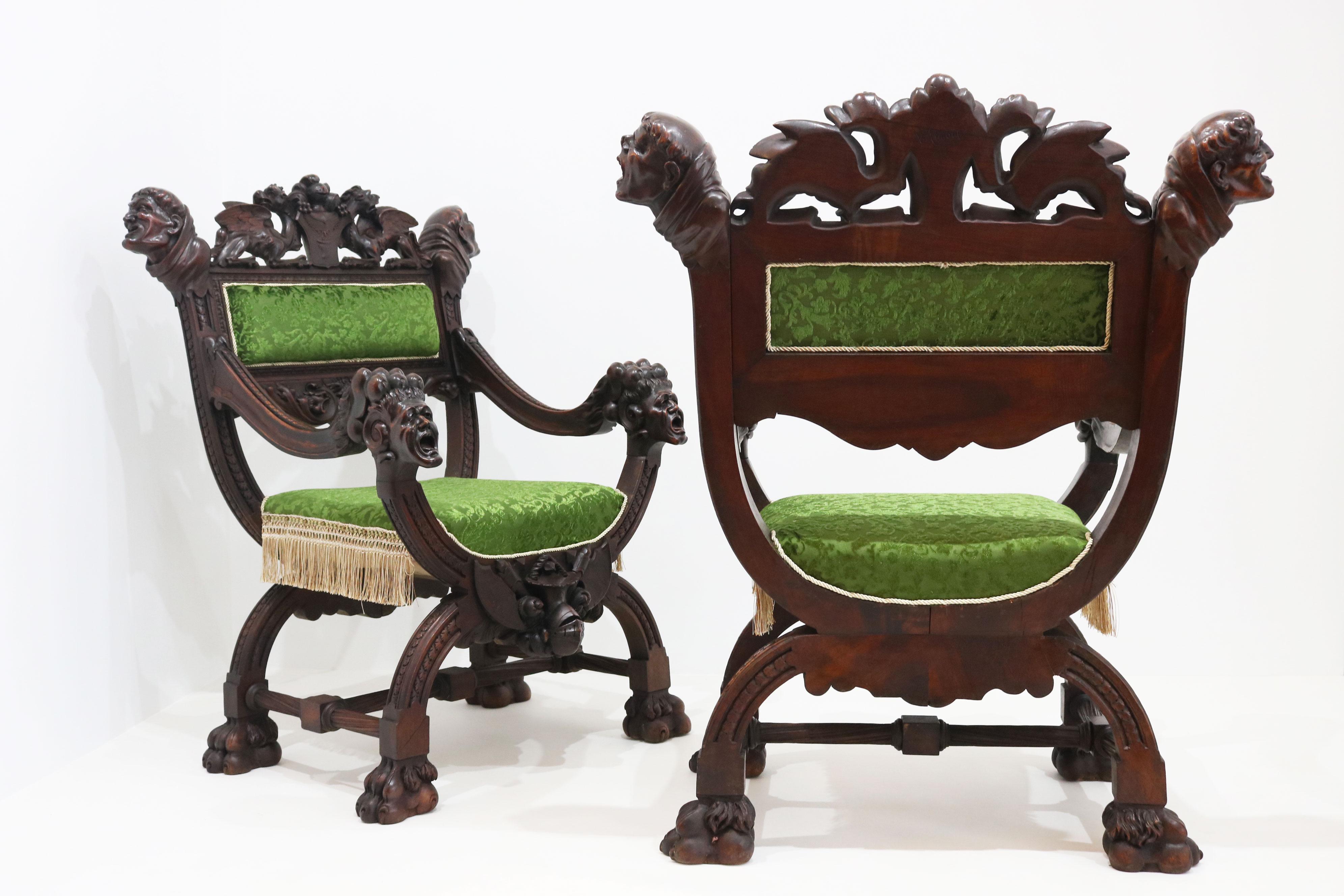 Rare pair of Gothic Revival arm chairs by Victor Aimone 19th Century Monks Lions en vente 7