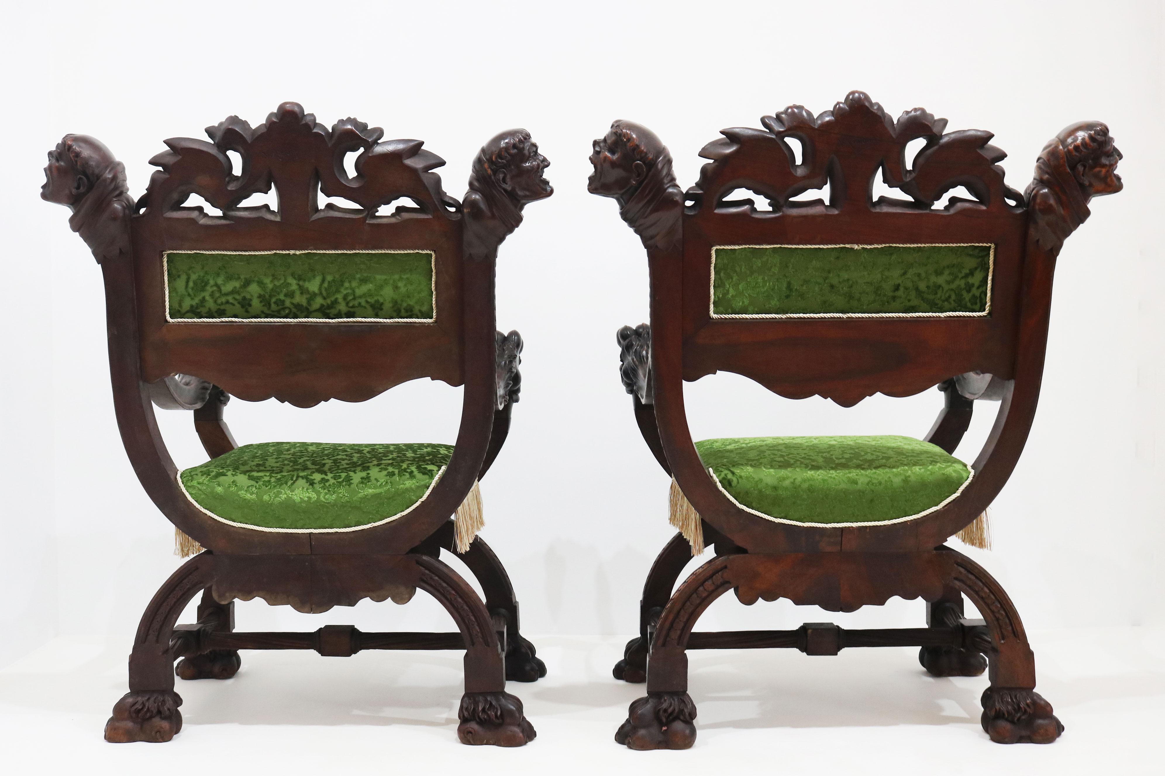 Rare pair of Gothic Revival arm chairs by Victor Aimone 19th Century Monks Lions en vente 8
