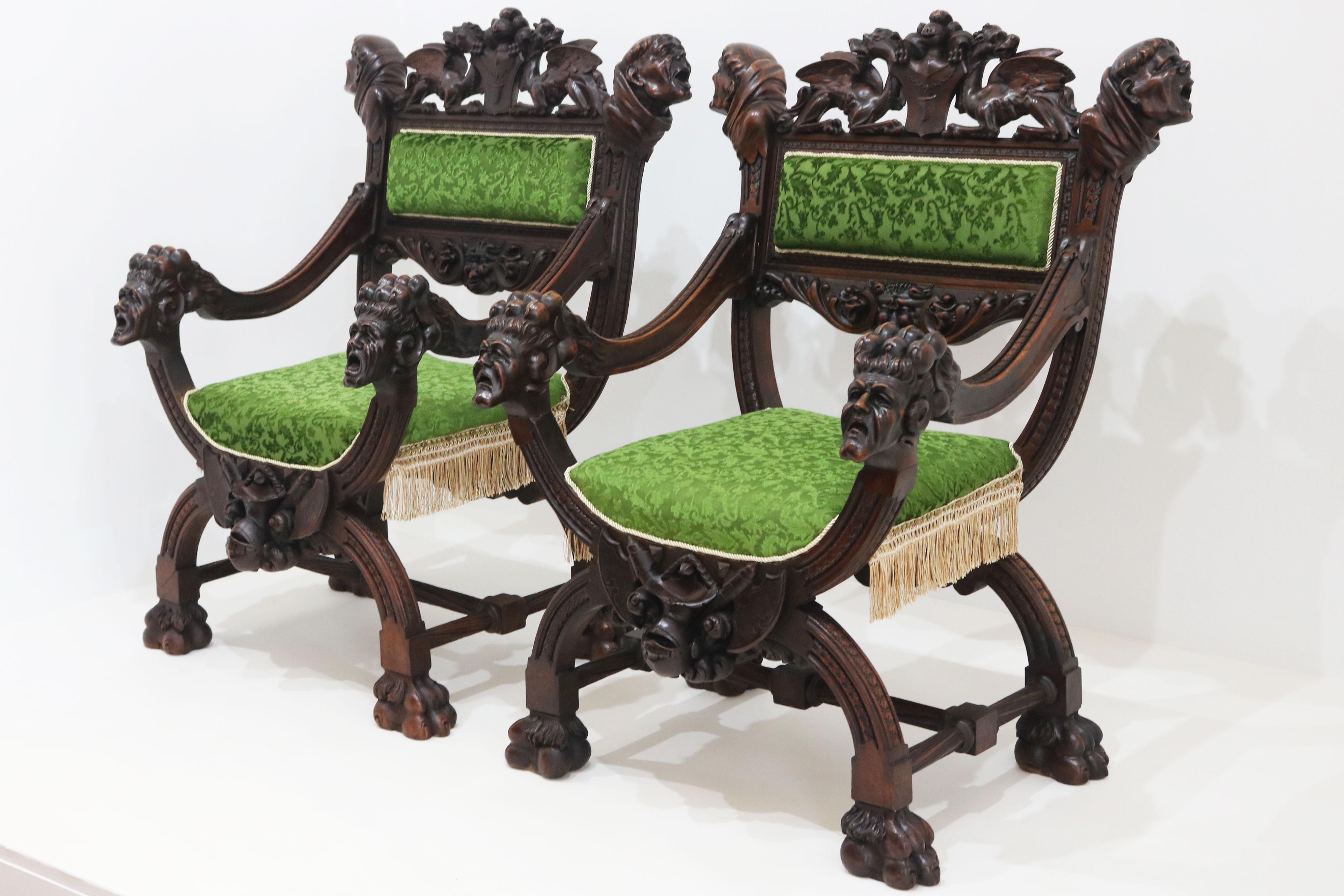 Néo-gothique Rare pair of Gothic Revival arm chairs by Victor Aimone 19th Century Monks Lions en vente