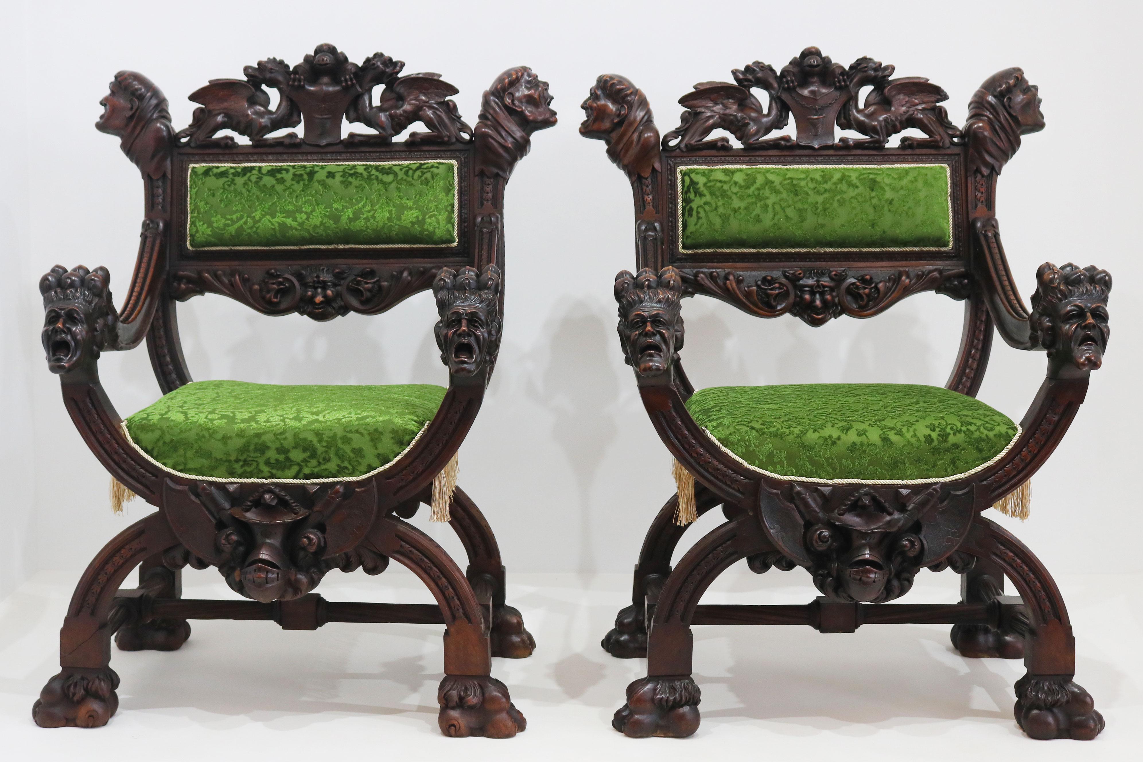 Sculpté à la main Rare pair of Gothic Revival arm chairs by Victor Aimone 19th Century Monks Lions en vente
