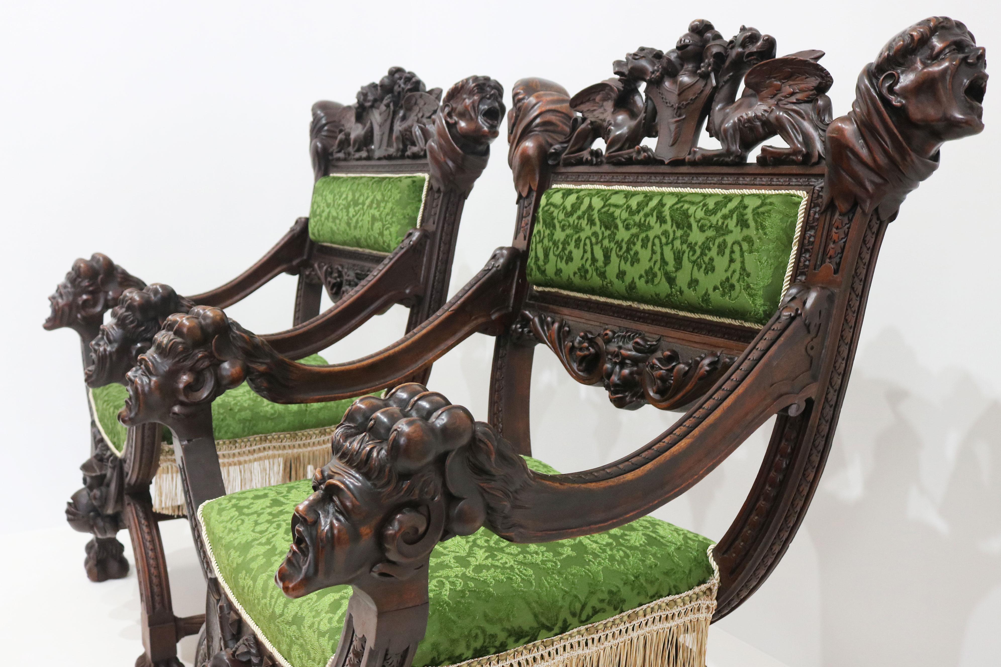 XIXe siècle Rare pair of Gothic Revival arm chairs by Victor Aimone 19th Century Monks Lions en vente