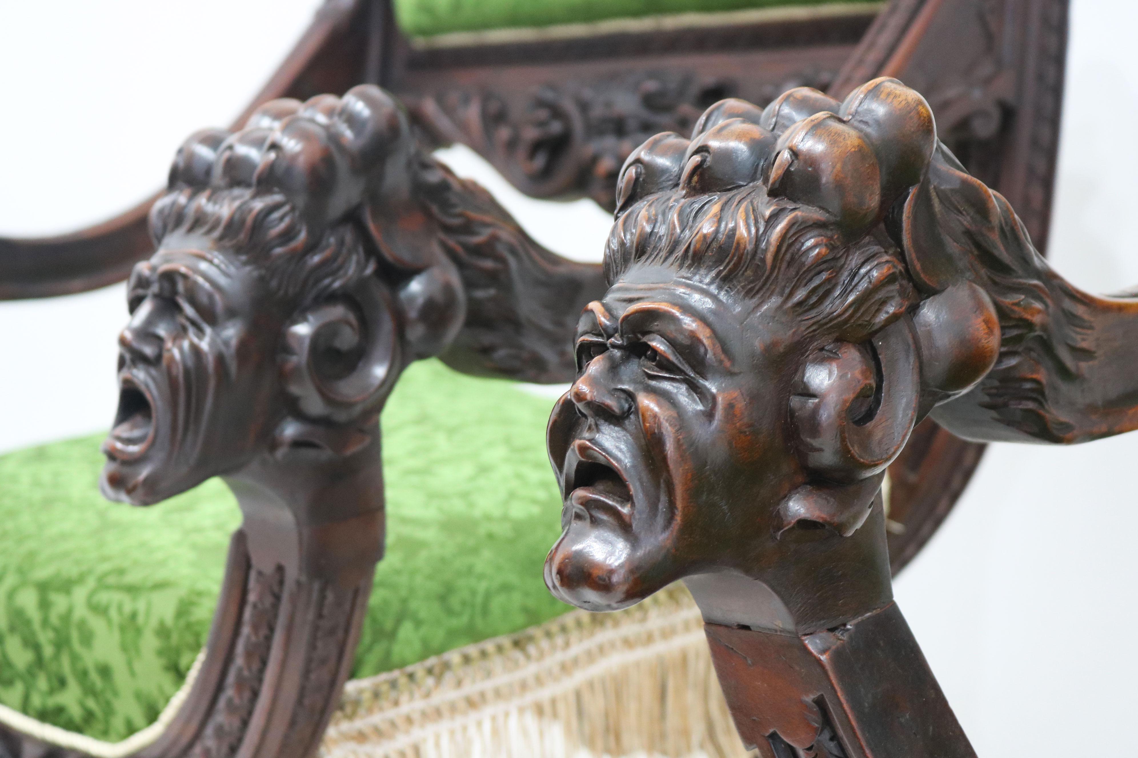 Tissu Rare pair of Gothic Revival arm chairs by Victor Aimone 19th Century Monks Lions en vente