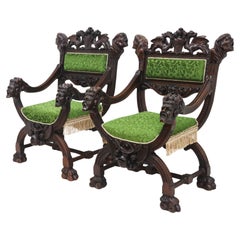 Rare pair of Gothic Revival arm chairs by Victor Aimone 19th Century Monks Lions Rare pair of Gothic Revival arm chairs by Victor Aimone 19th Century Monks Lions