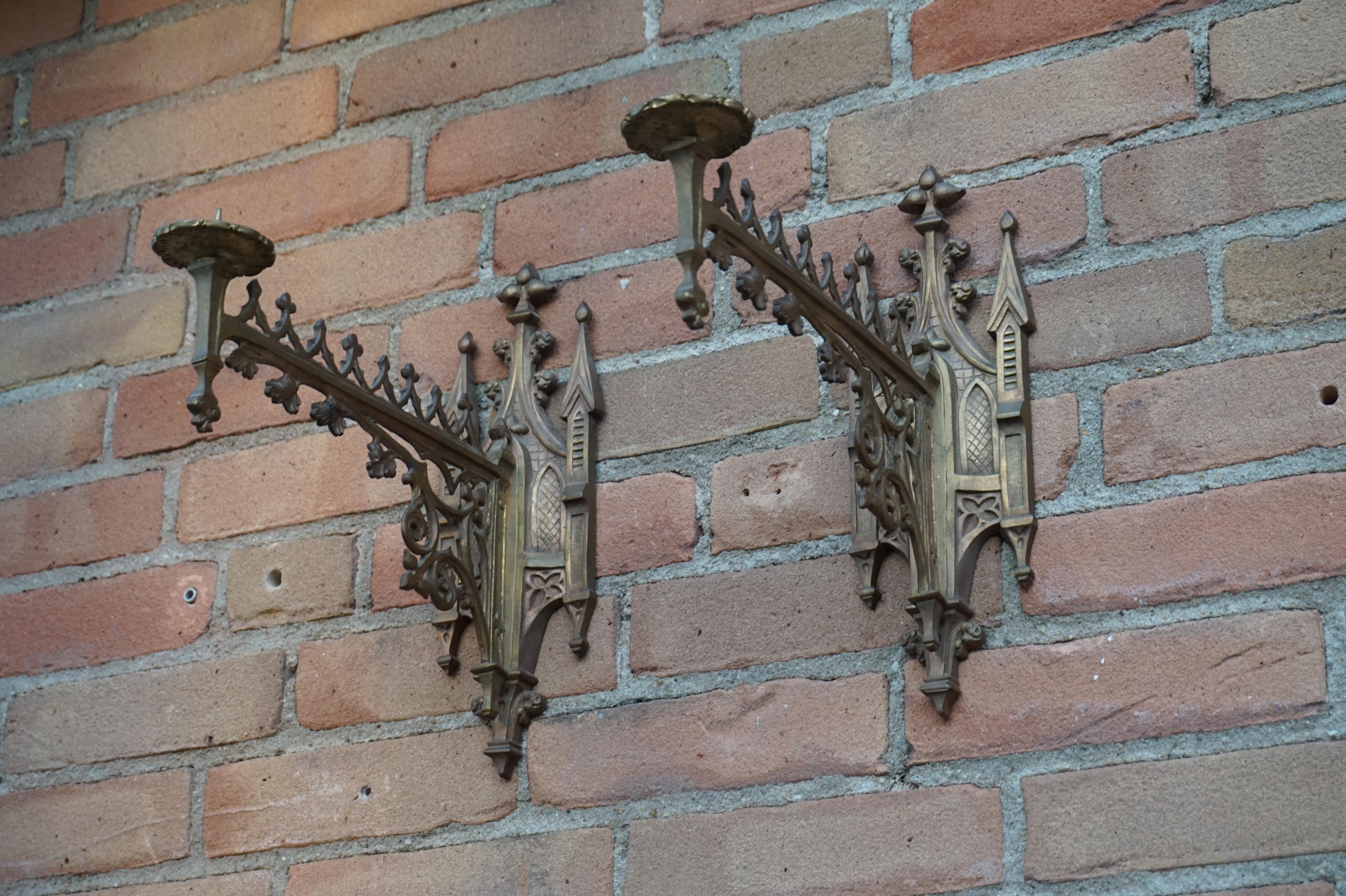 Rare Pair of Gothic Revival Bronze Wall Candle Sconces From a Church / Monastery 4