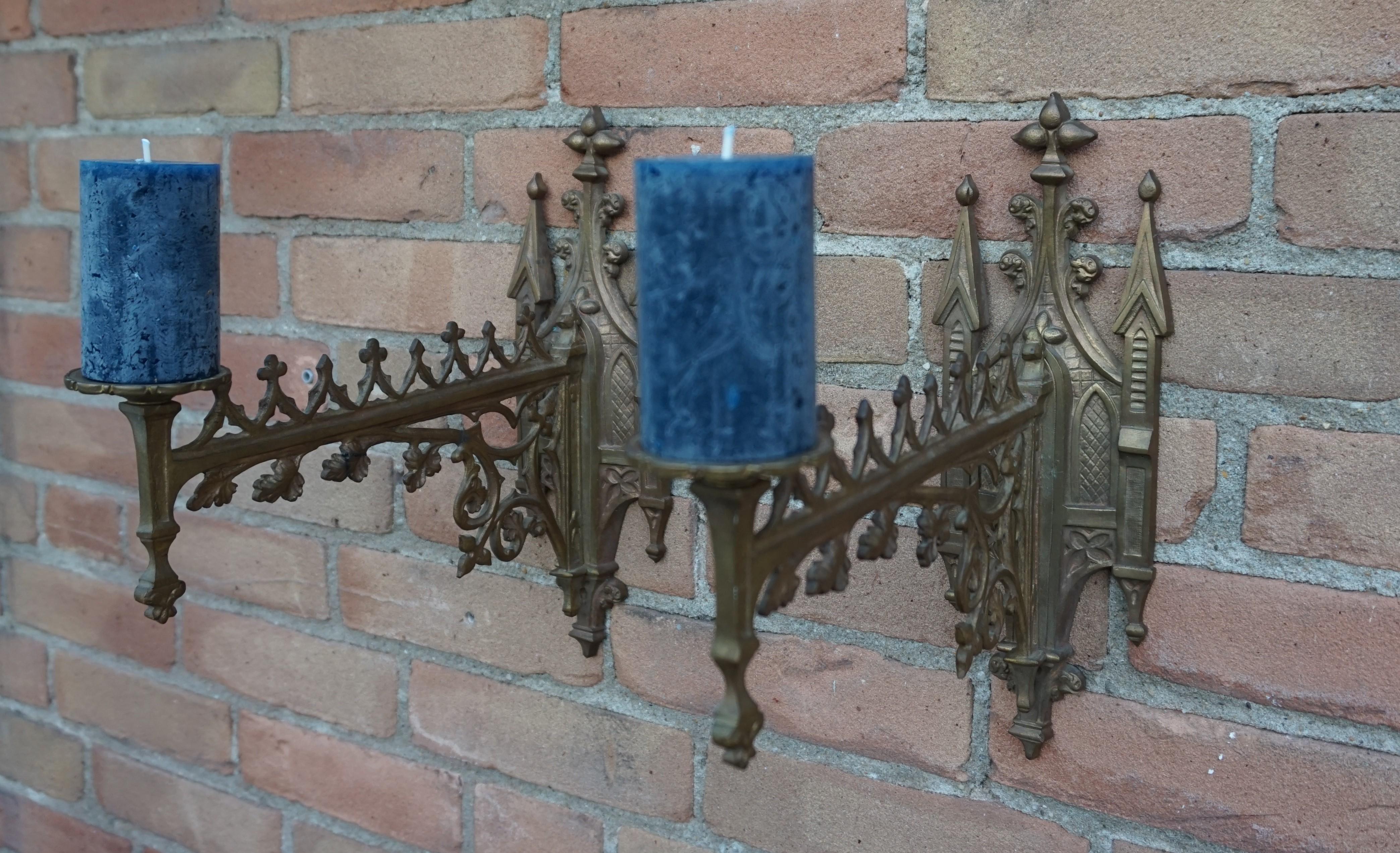 Rare Pair of Gothic Revival Bronze Wall Candle Sconces From a Church / Monastery 7