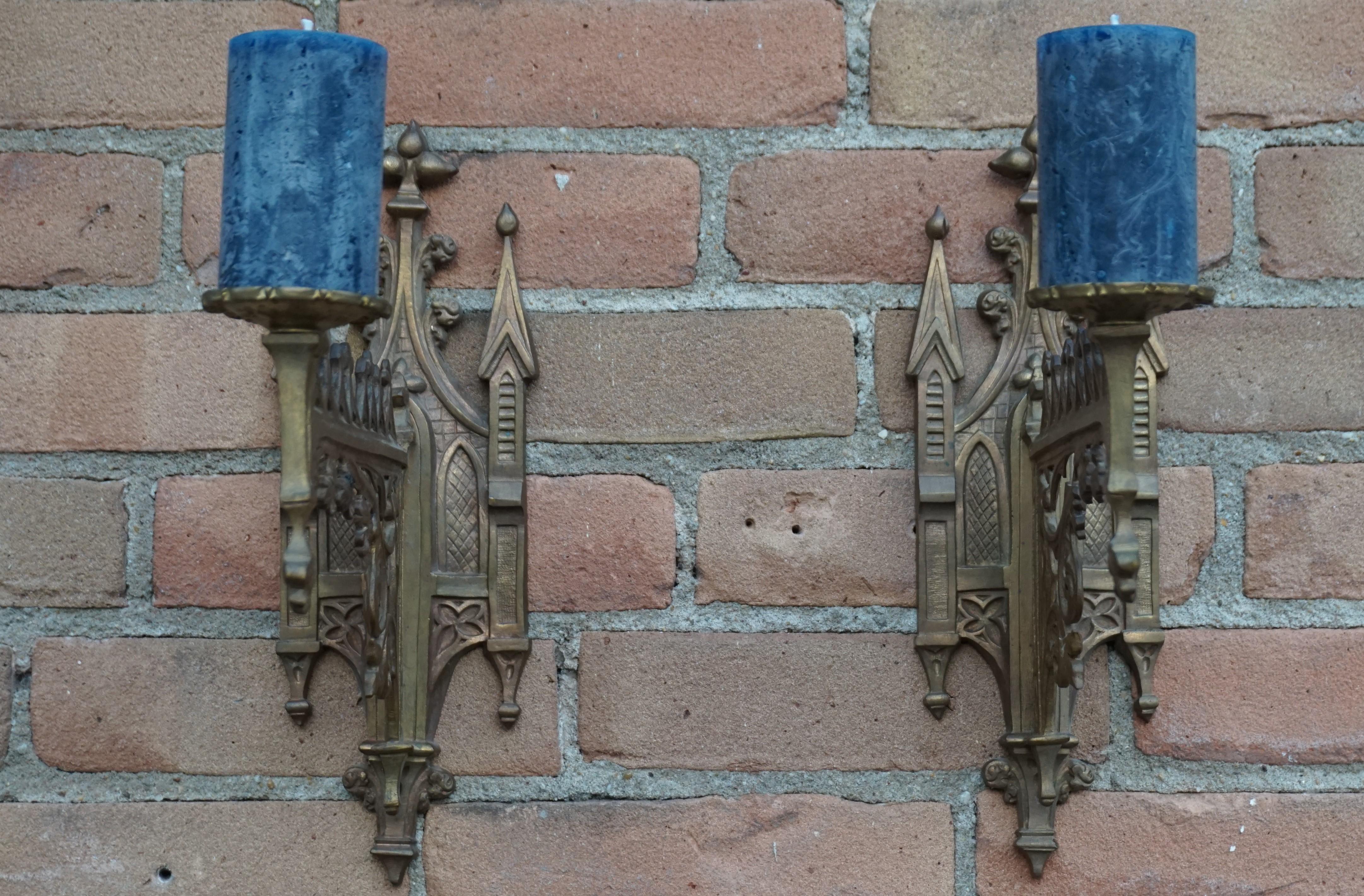 Gilt Rare Pair of Gothic Revival Bronze Wall Candle Sconces From a Church / Monastery
