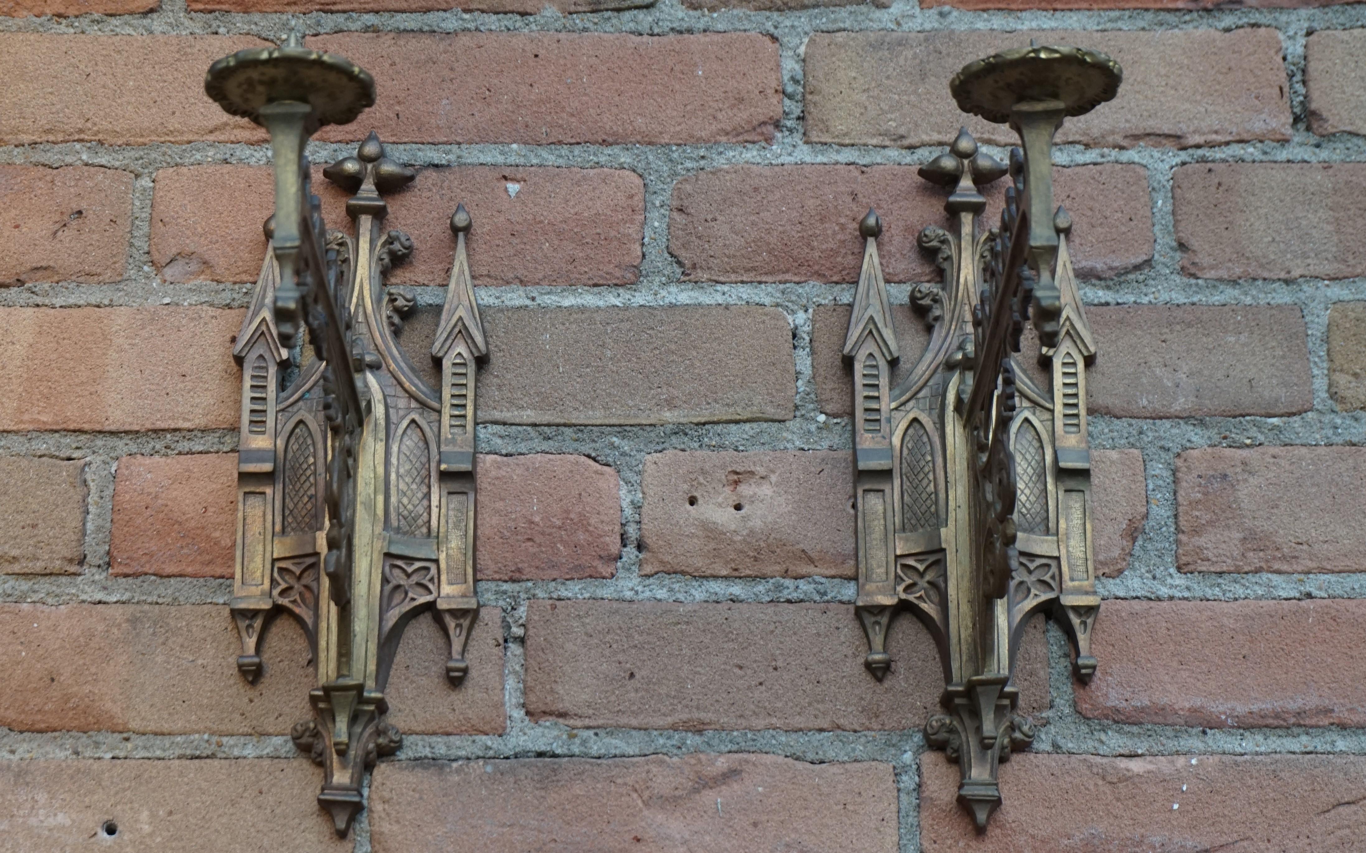 Rare Pair of Gothic Revival Bronze Wall Candle Sconces From a Church / Monastery In Good Condition In Lisse, NL
