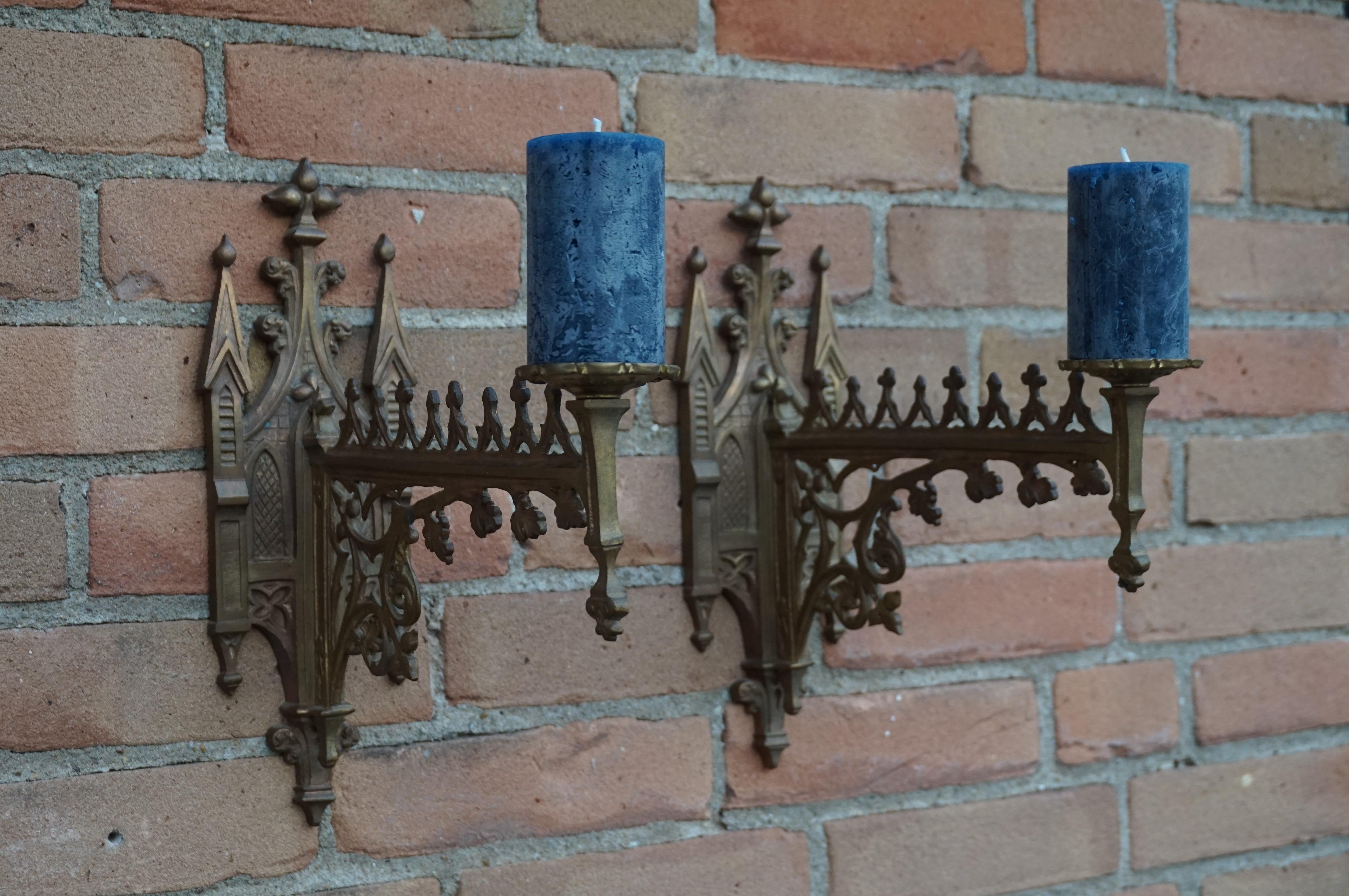 20th Century Rare Pair of Gothic Revival Bronze Wall Candle Sconces From a Church / Monastery