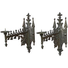 Antique Rare Pair of Gothic Revival Bronze Wall Candle Sconces From a Church / Monastery
