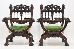 Rare pair of Gothic Revival chairs by Victor Aimone 19th century Dragons knights