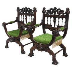 Rare pair of Gothic Revival chairs by Victor Aimone 19th century Dragons knights