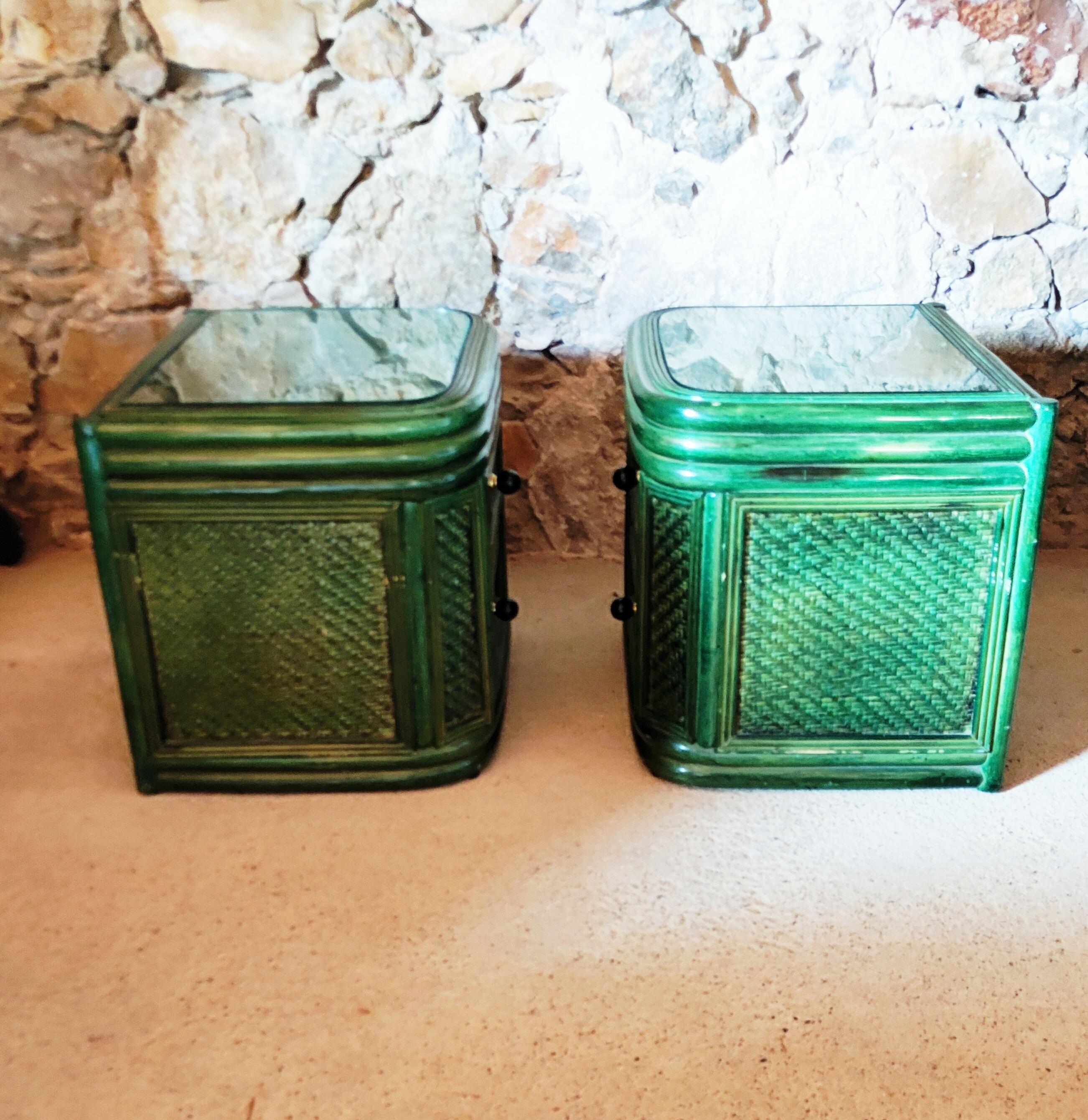 Rare Pair of Green Bamboo and Rattan Nightstands, Spain, 1970s 5