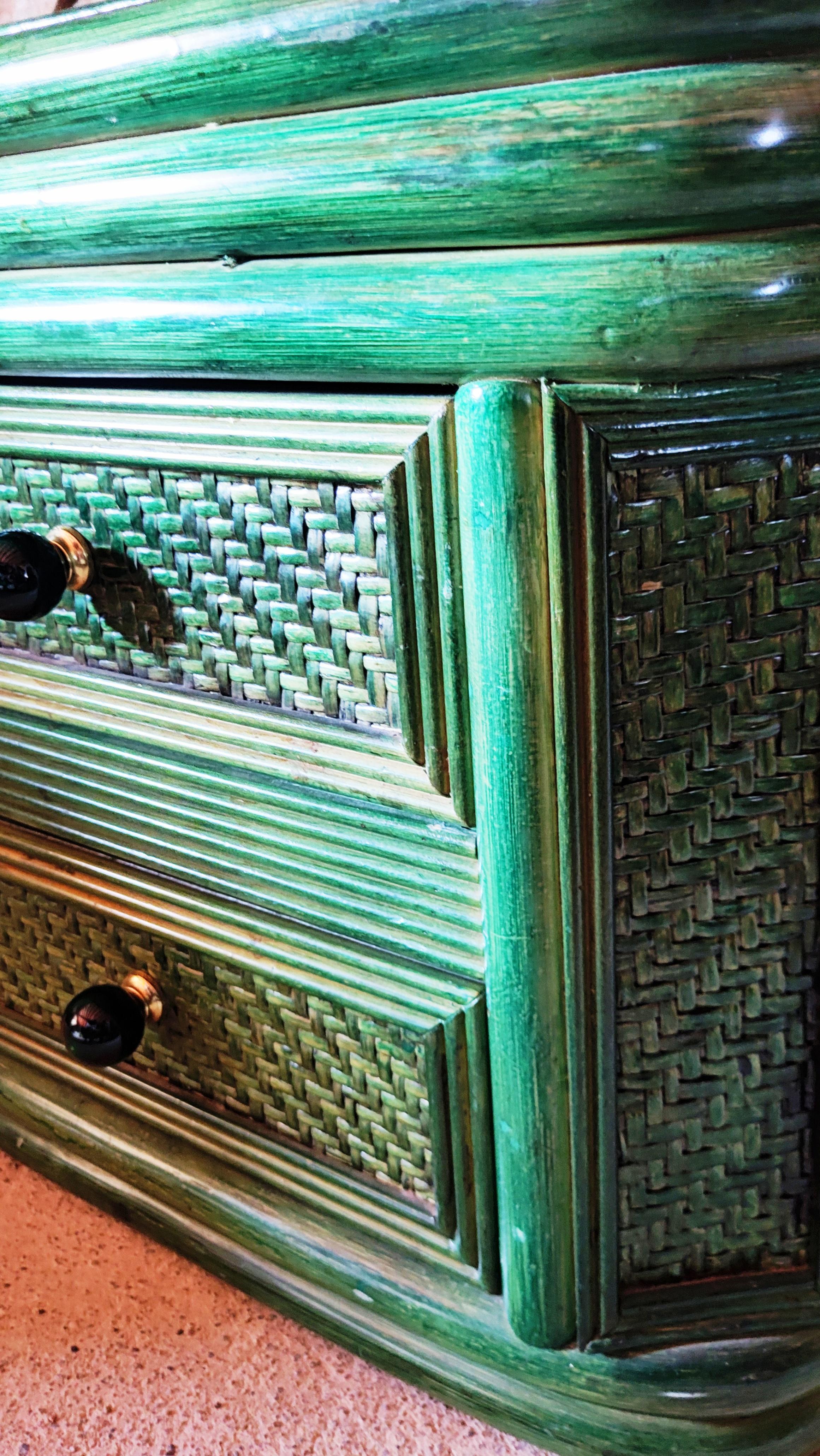 Rare Pair of Green Bamboo and Rattan Nightstands, Spain, 1970s 8