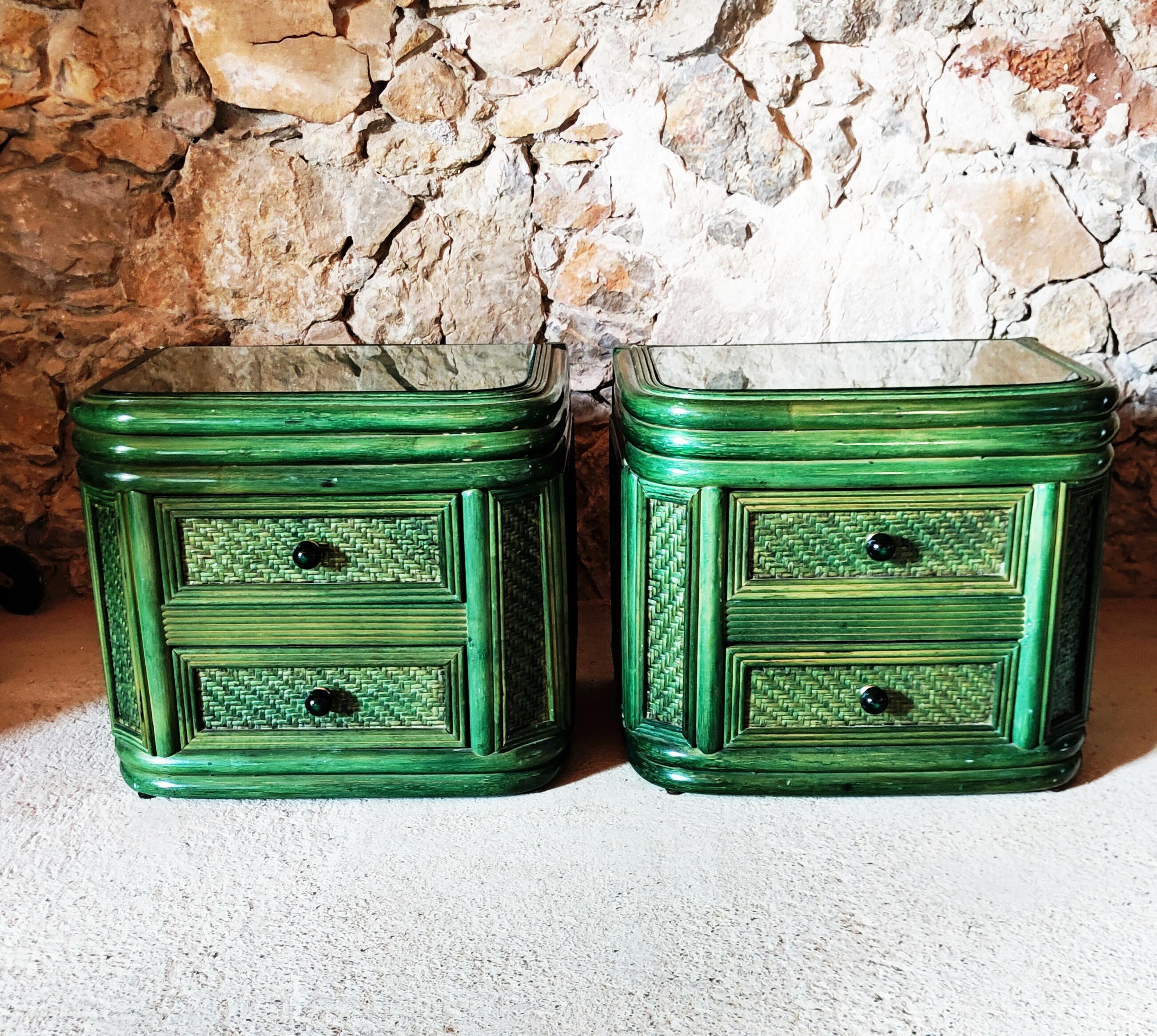 Rare Pair of Green Bamboo and Rattan Nightstands, Spain, 1970s 11