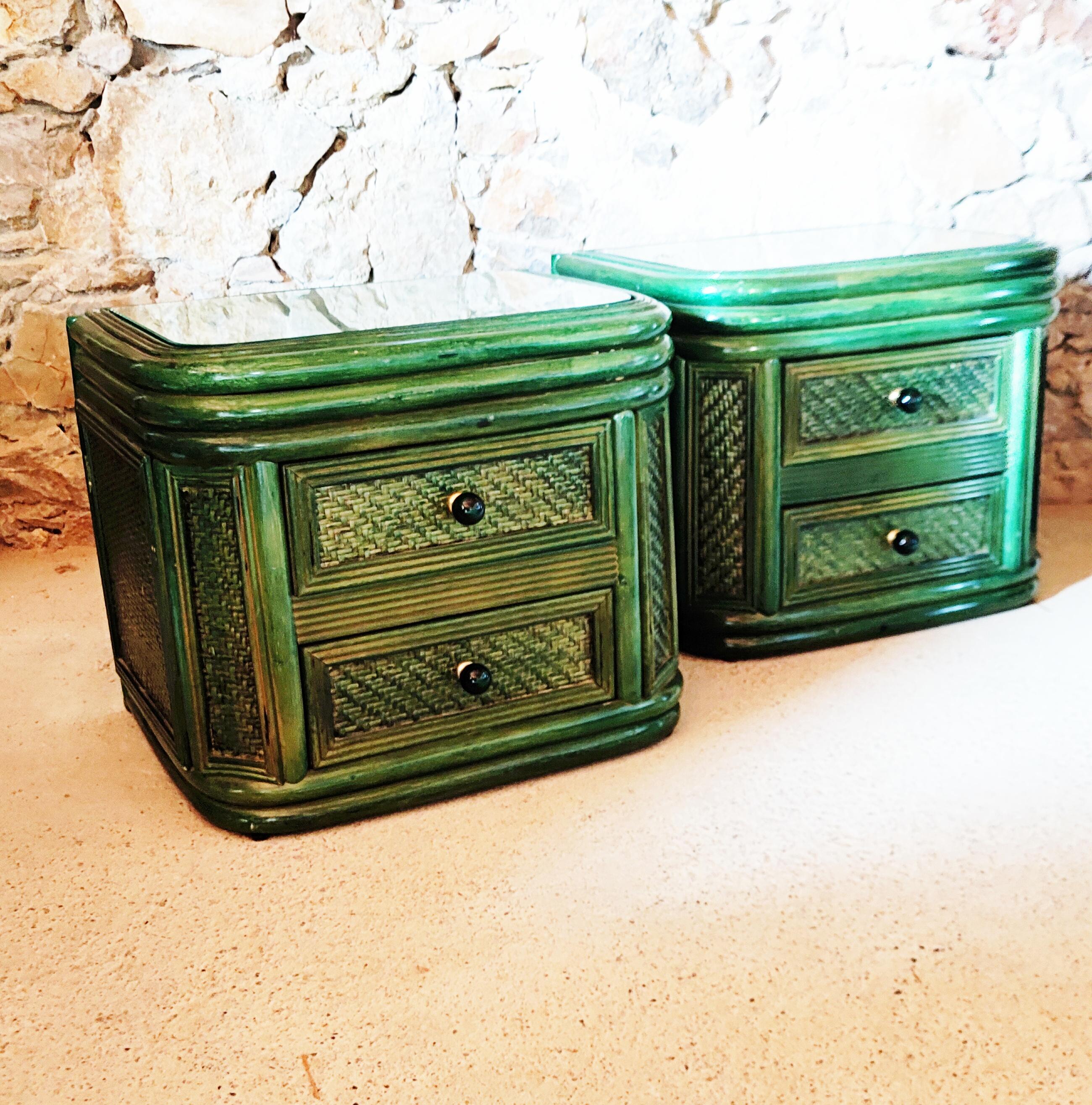 Beautiful and rare pair of green bamboo and rattan nightstands or end table manufactured in Spain in 1970s. In very good vintage condition.