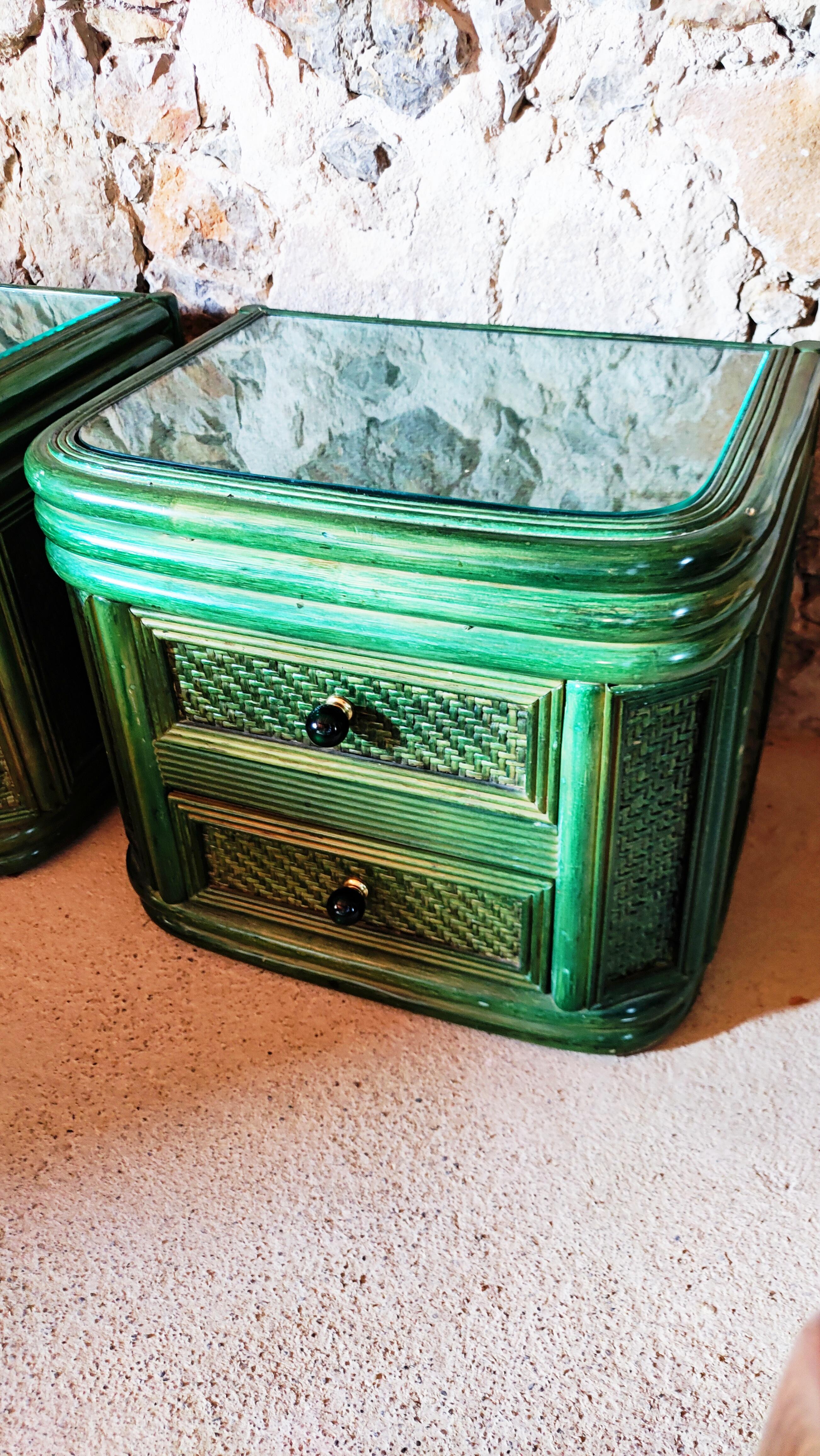 Rare Pair of Green Bamboo and Rattan Nightstands, Spain, 1970s In Good Condition In L'Escala, ES