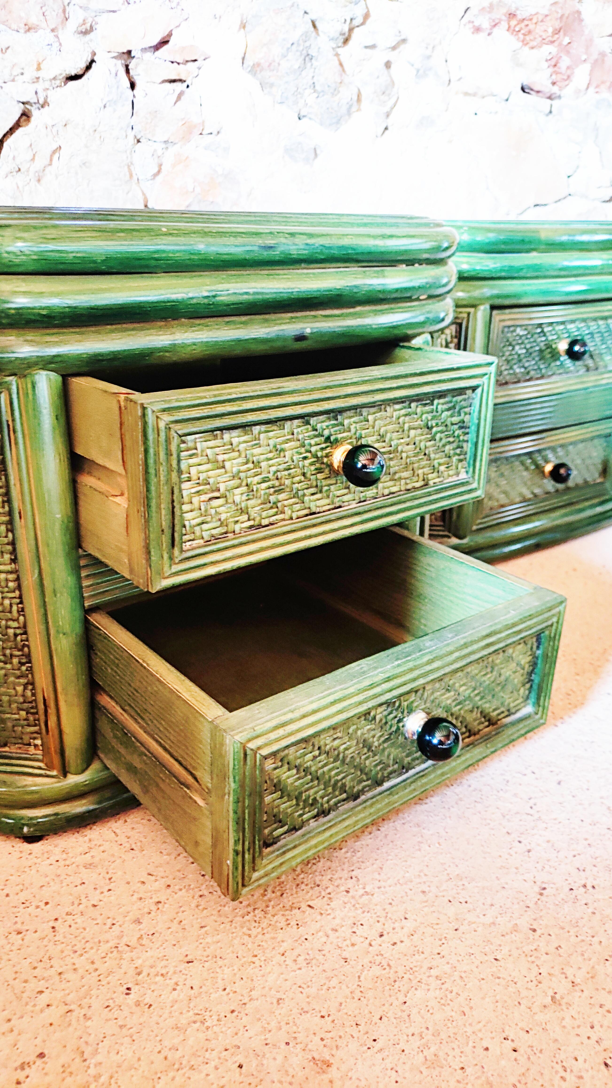 Rare Pair of Green Bamboo and Rattan Nightstands, Spain, 1970s 3