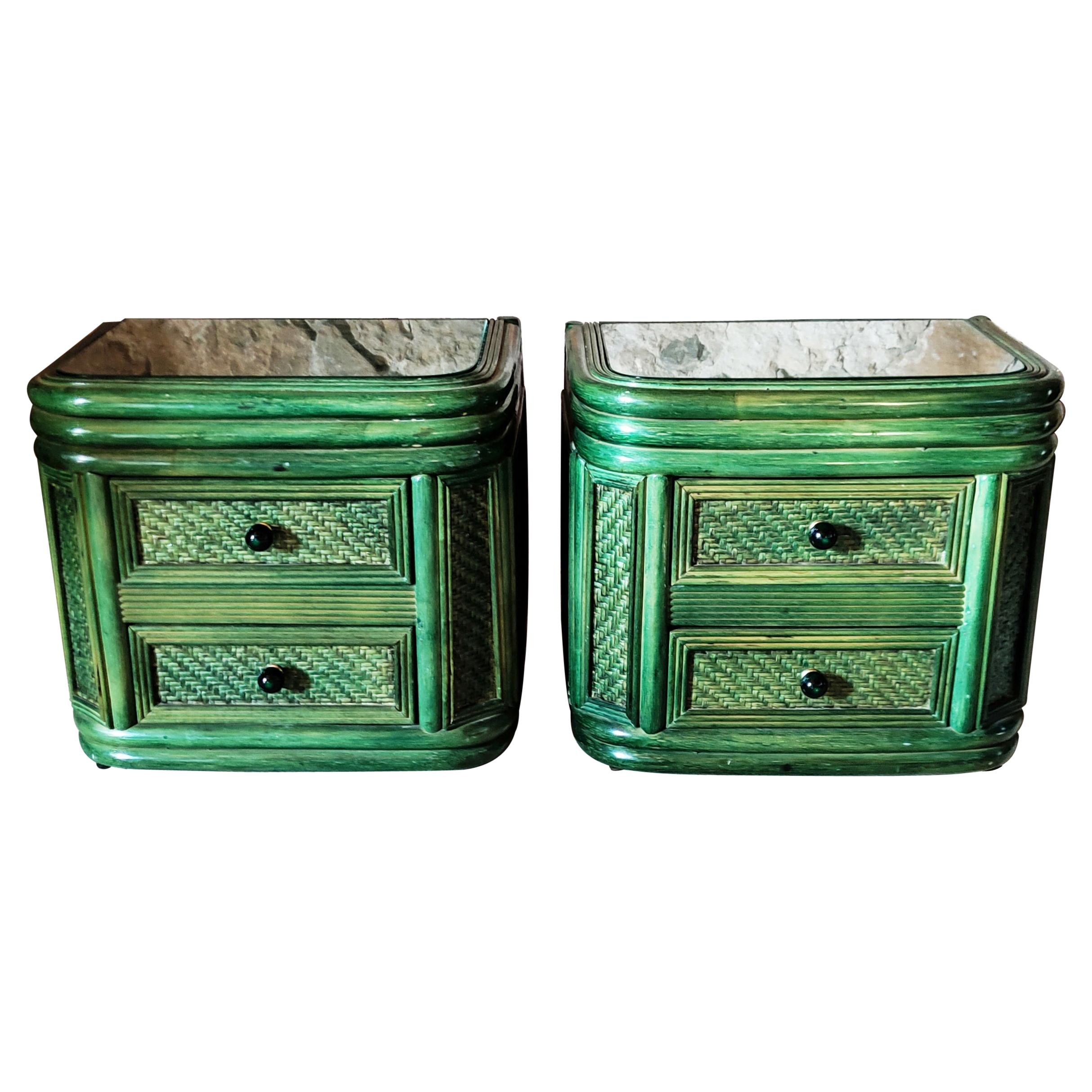 Rare Pair of Green Bamboo and Rattan Nightstands, Spain, 1970s
