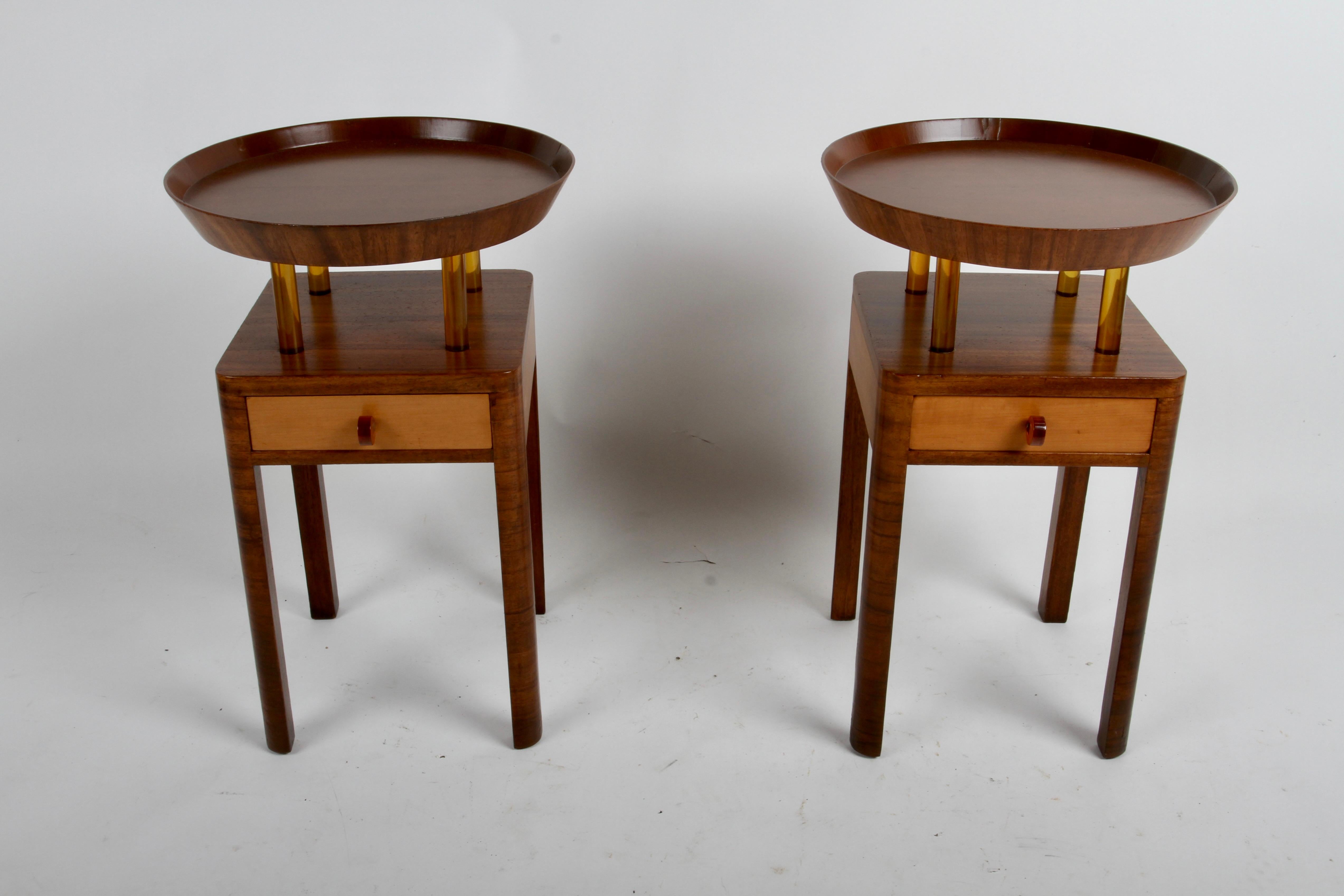 Brass Rare Pair of 1940s Grosfeld House Round Tray Top End Table with Bakelite Details For Sale