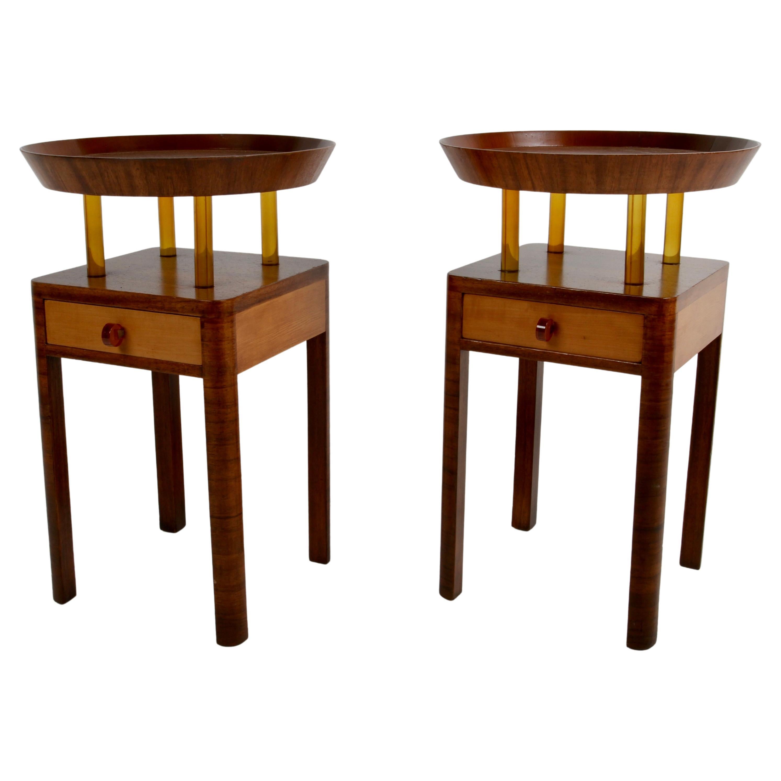 Rare Pair of 1940s Grosfeld House Round Tray Top End Table with Bakelite Details For Sale