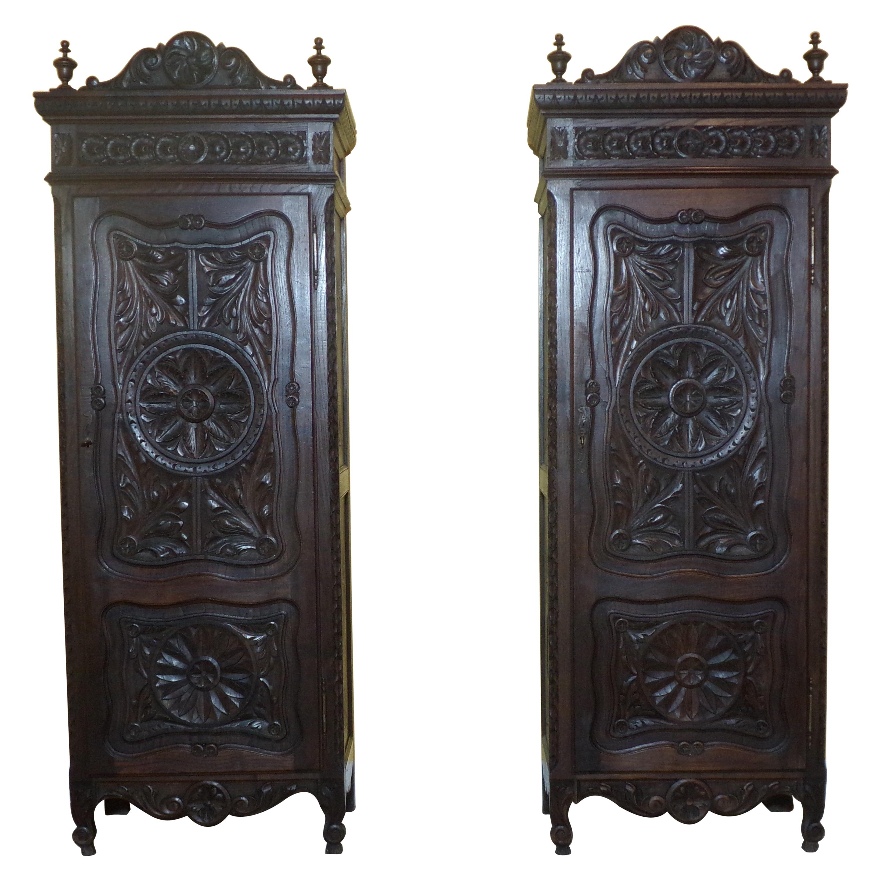 Rare Pair of Hand Carved Oak Armoires, C1900 For Sale
