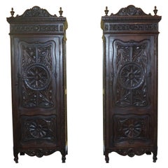 Rare Pair of Hand Carved Oak Armoires, C1900